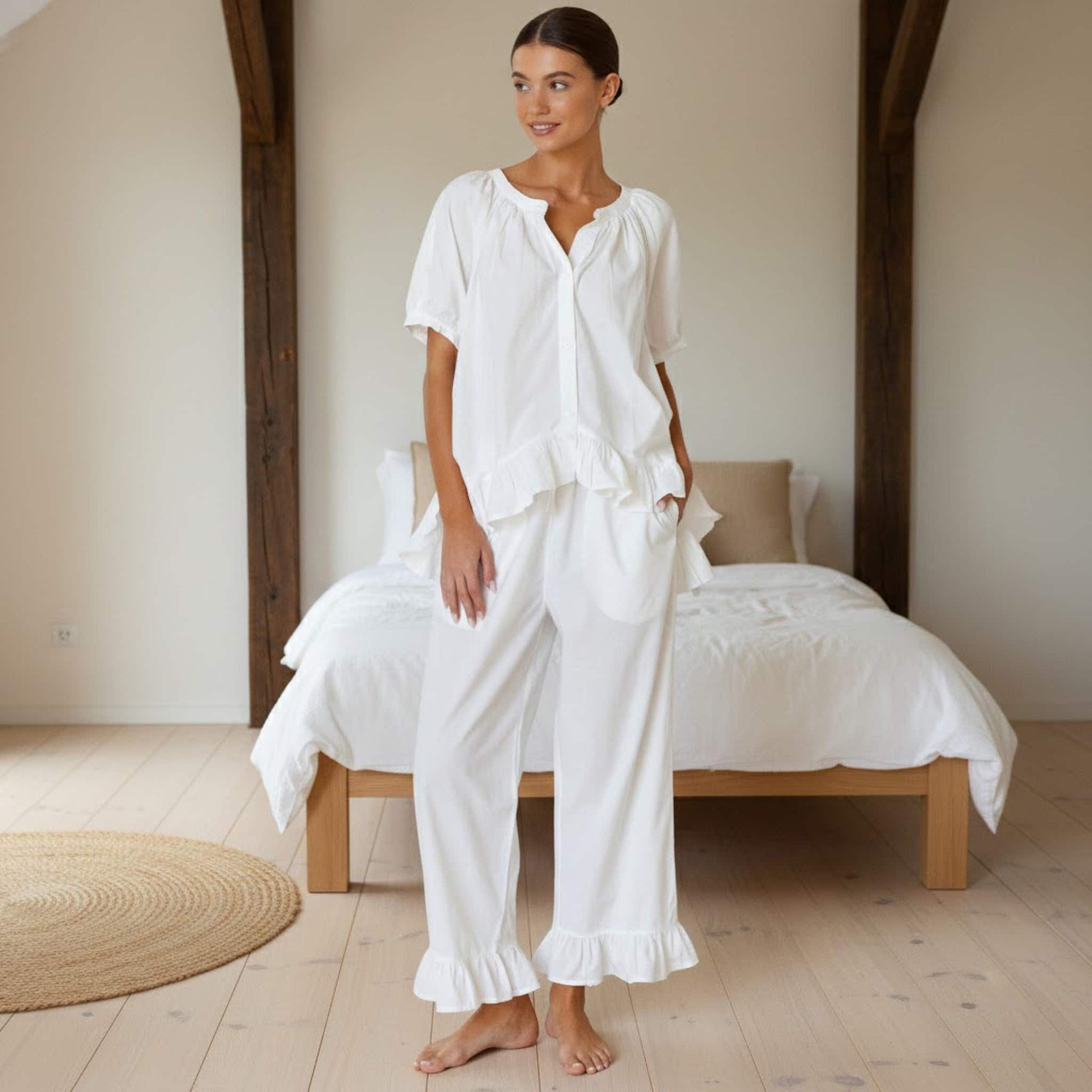 Linen Pajama Set, Ruffle Short Sleeve Shirt And Pants Set