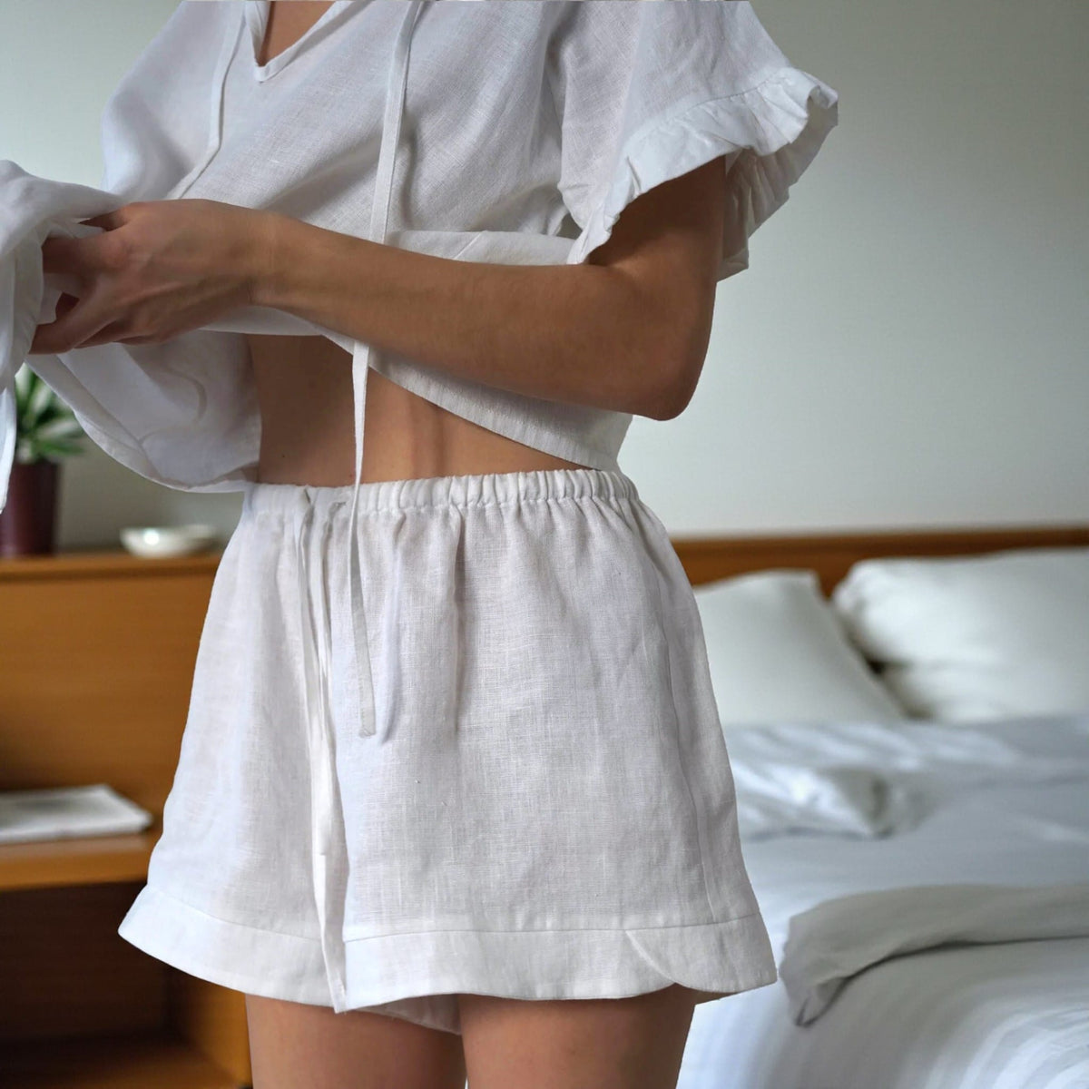 Linen Pajama Set, Ruffle V Neck Top And Linen Shorts Set