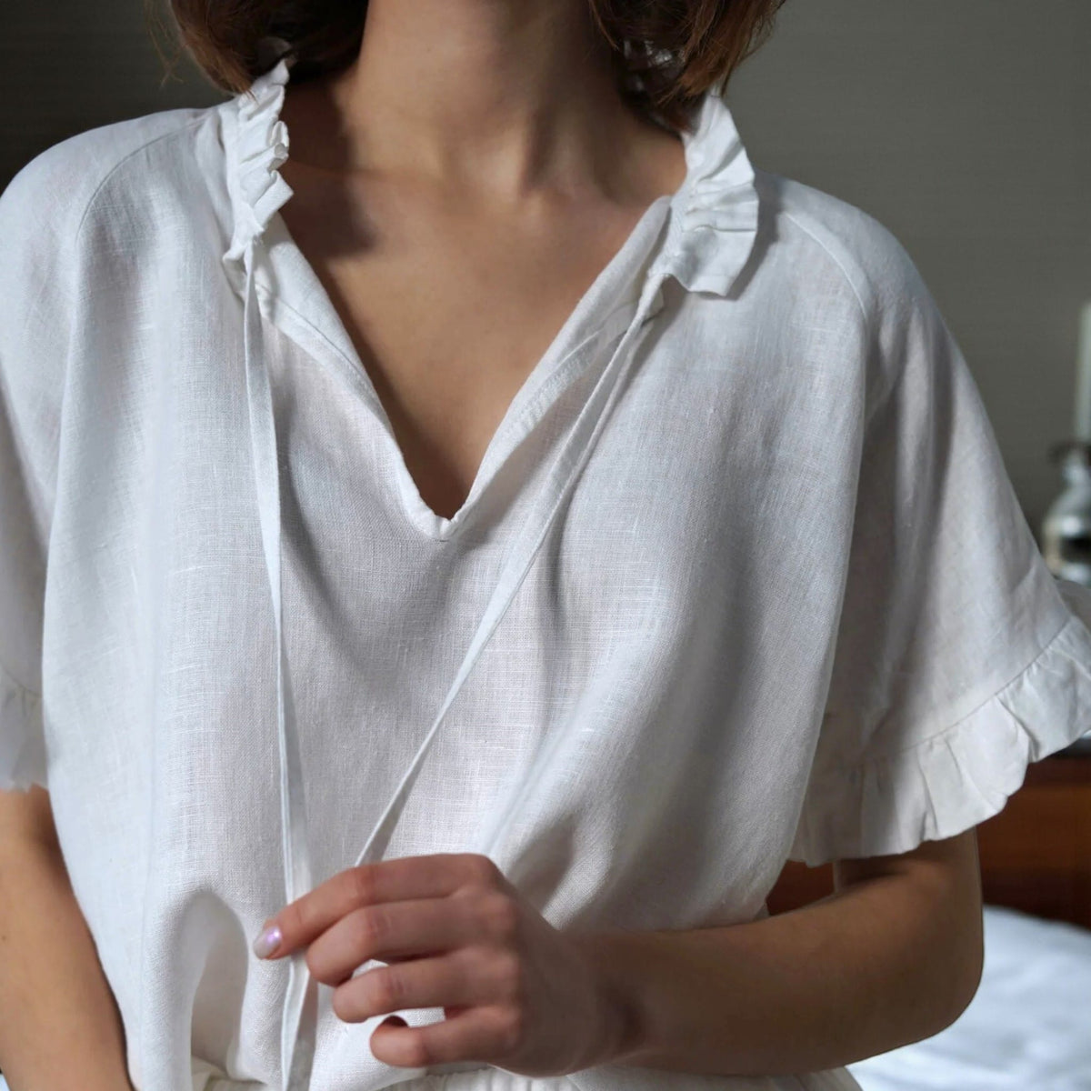 Linen Pajama Set, Ruffle V Neck Top And Linen Shorts Set