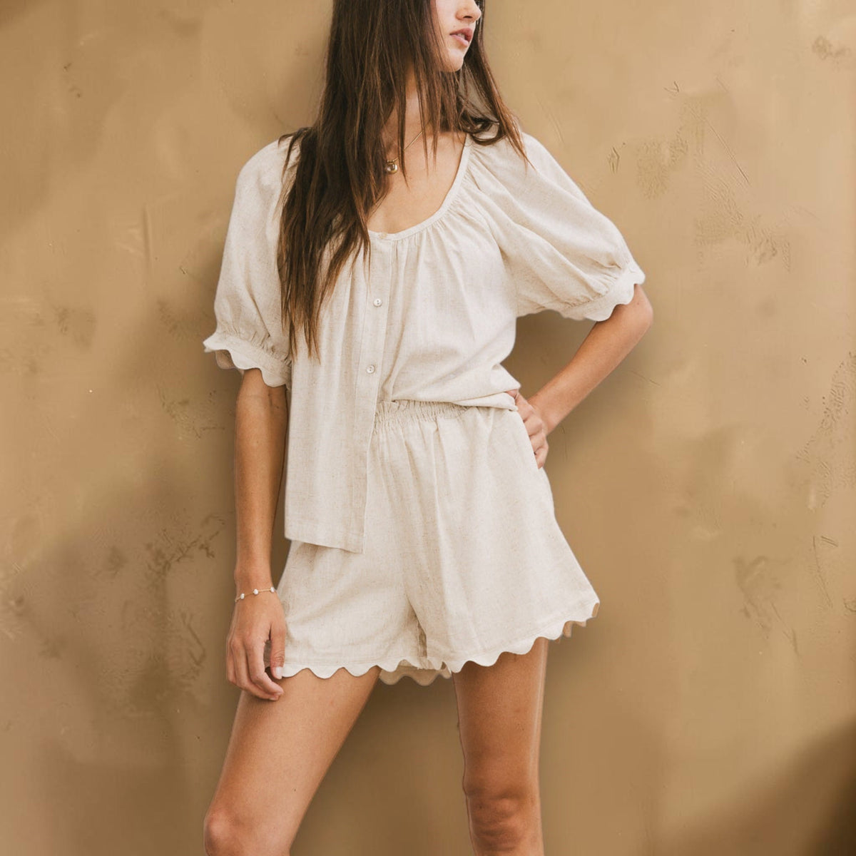 Linen Pajama Set, Scoop Neck Top And Scalloped Shorts