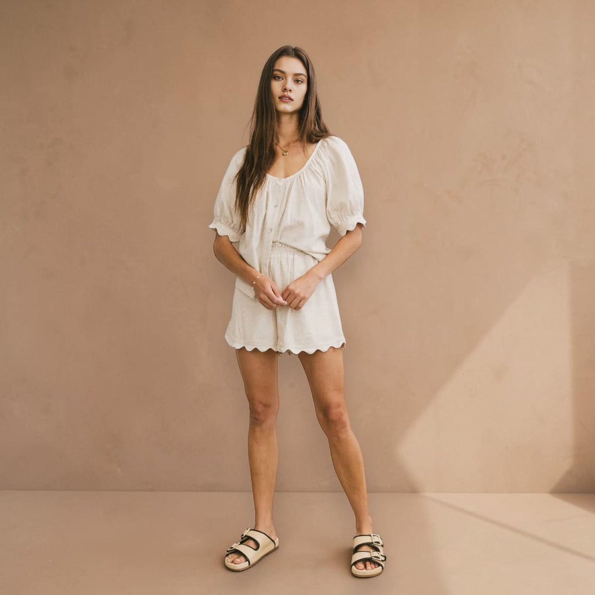 Linen Pajama Set, Scoop Neck Top And Scalloped Shorts