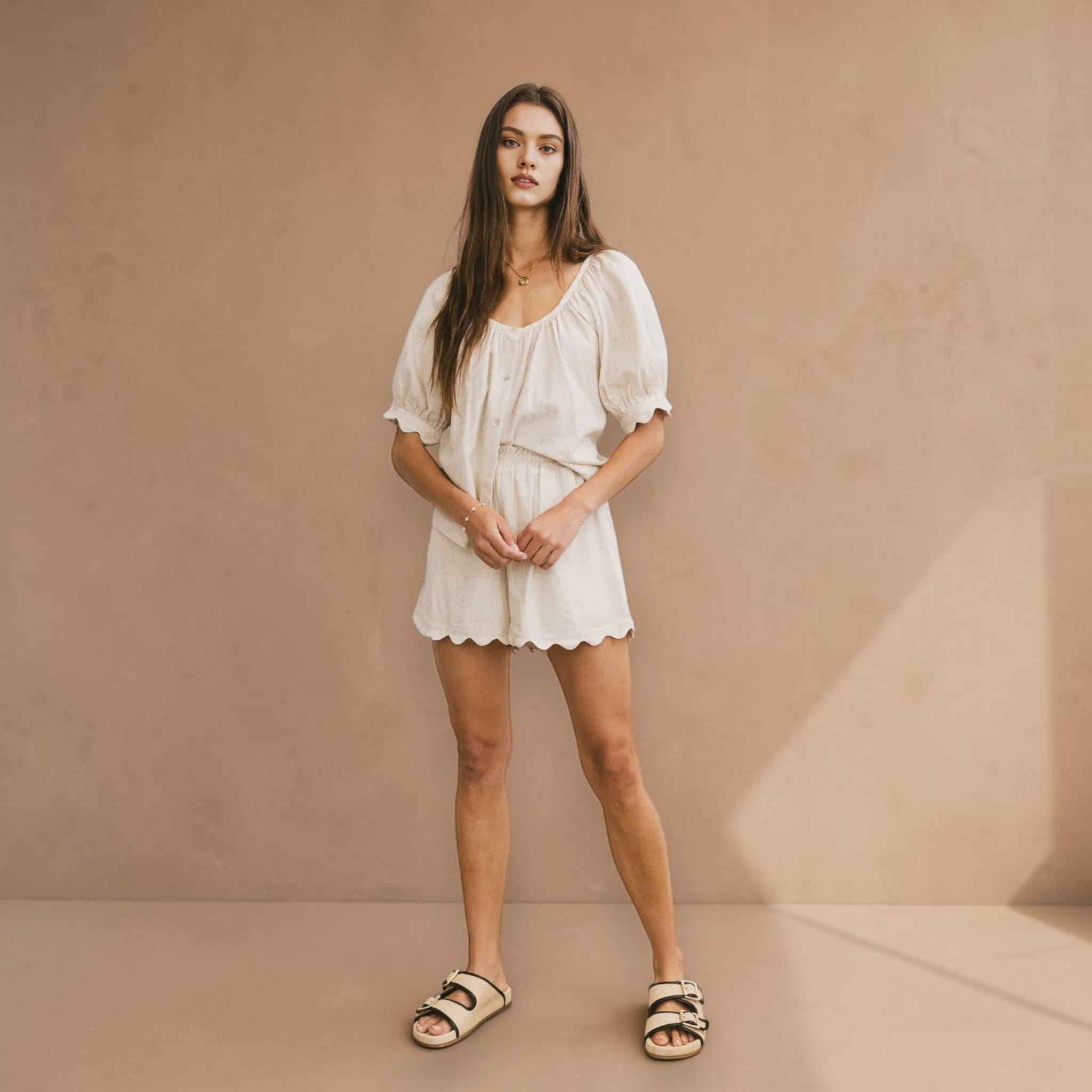 Linen Pajama Set, Scoop Neck Top And Scalloped Shorts