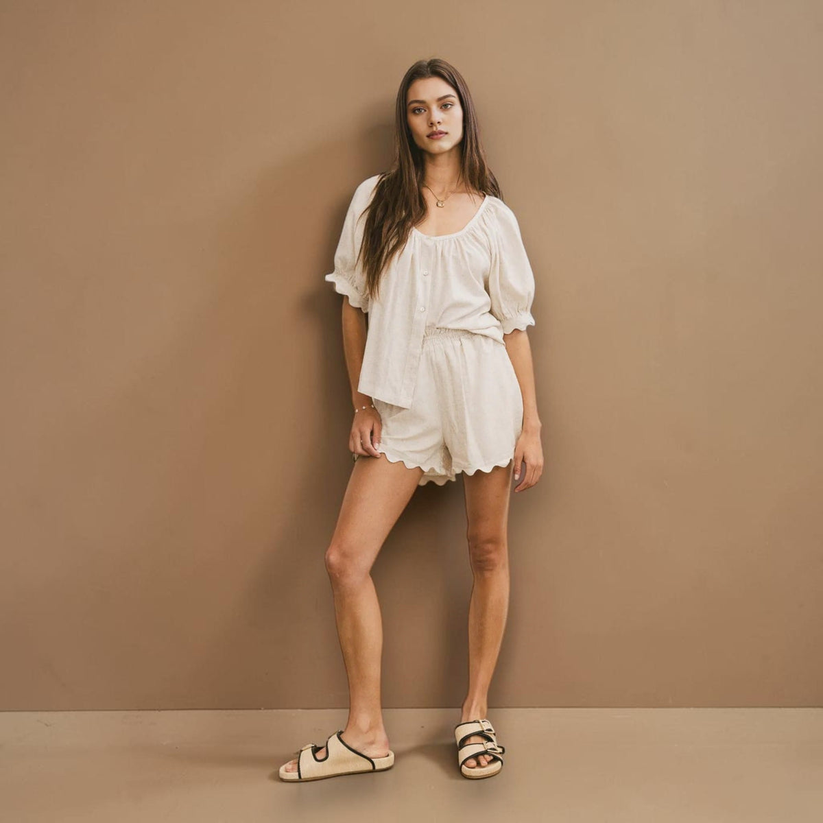 Linen Pajama Set, Scoop Neck Top And Scalloped Shorts