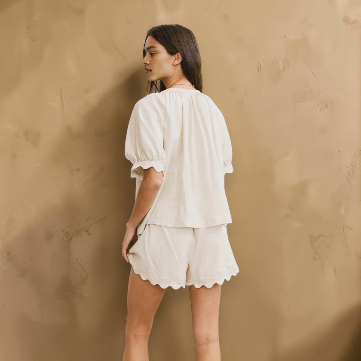 Linen Pajama Set, Scoop Neck Top And Scalloped Shorts