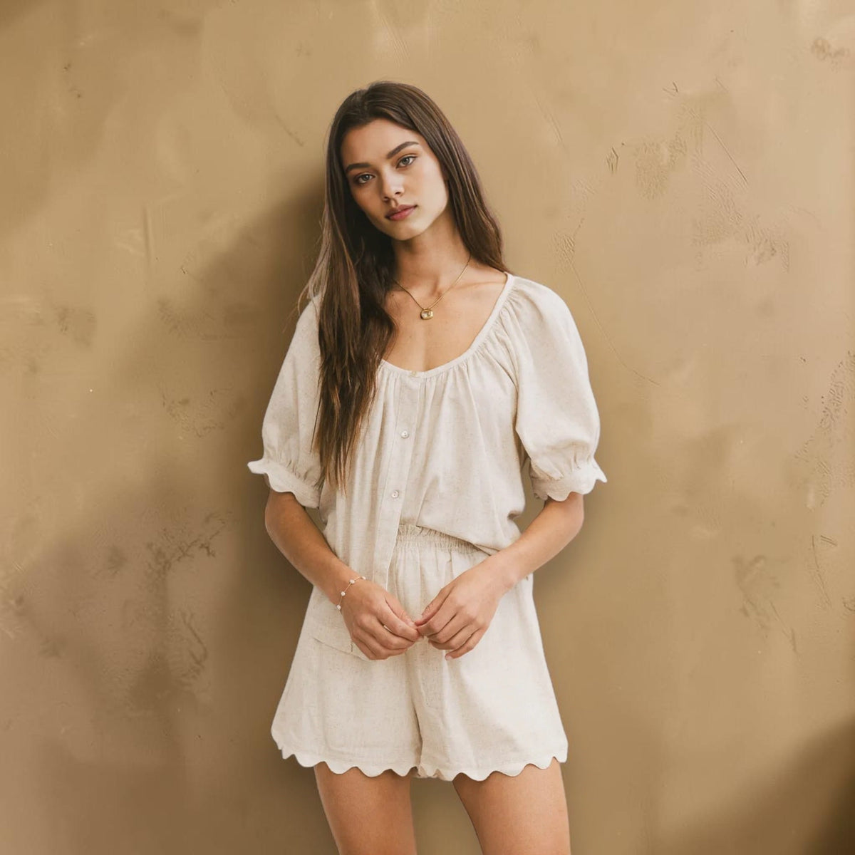 Linen Pajama Set, Scoop Neck Top And Scalloped Shorts