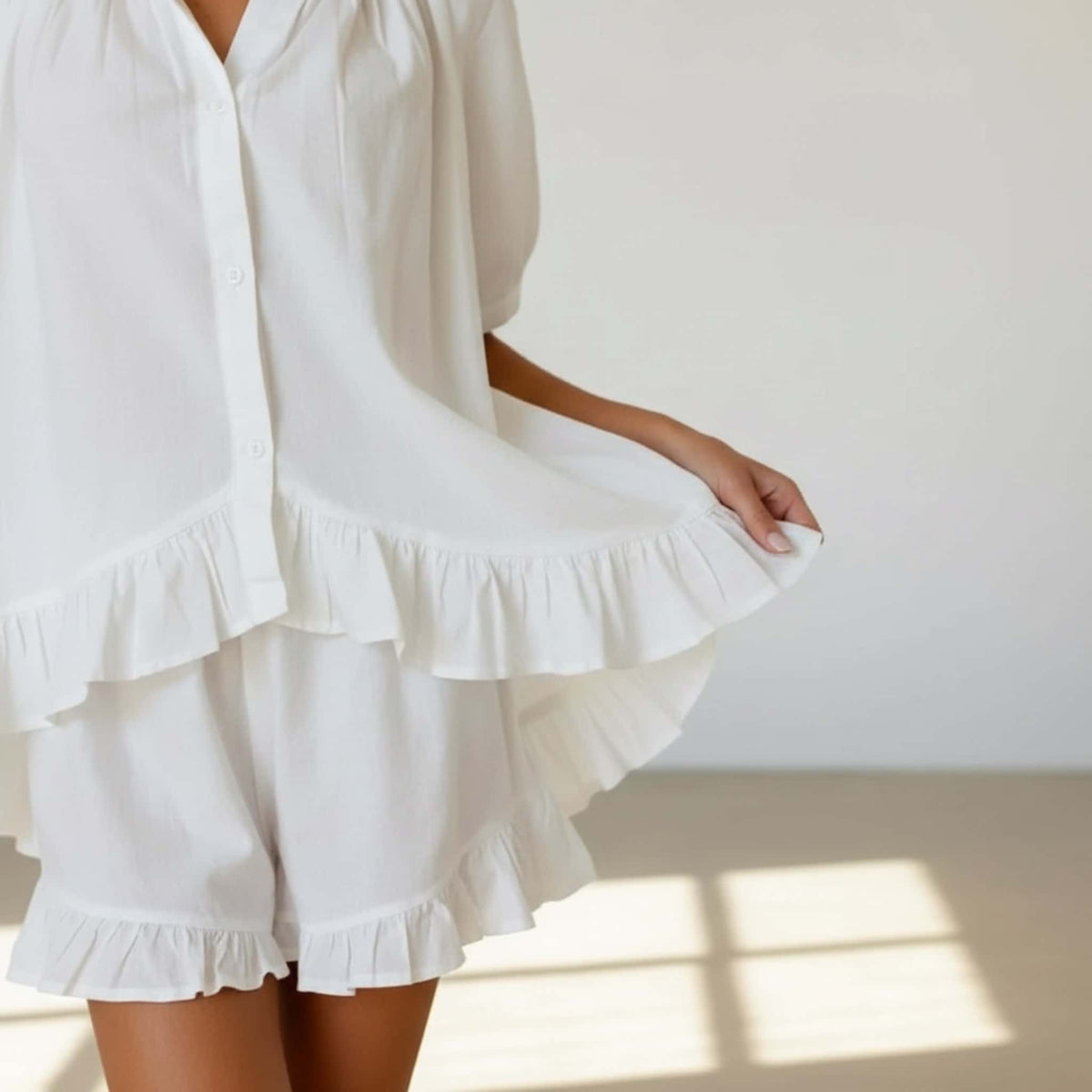 Linen Pajama Set, Short Sleeve Linen Shirt And Ruffle Short Set