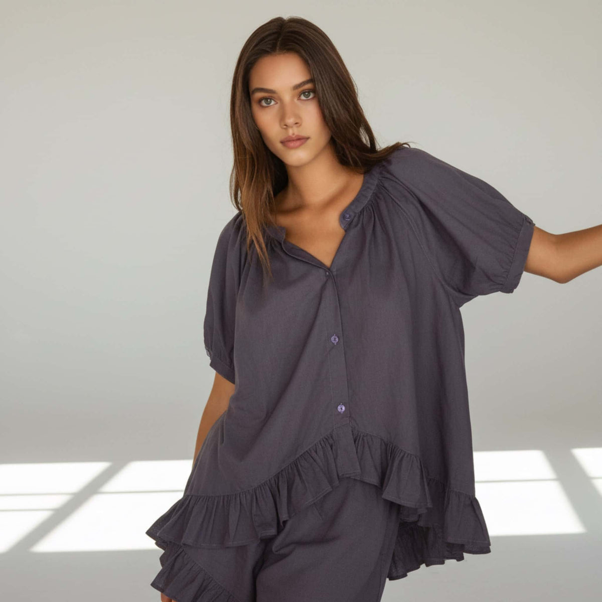 Linen Pajama Set, Short Sleeve Linen Shirt And Ruffle Short Set