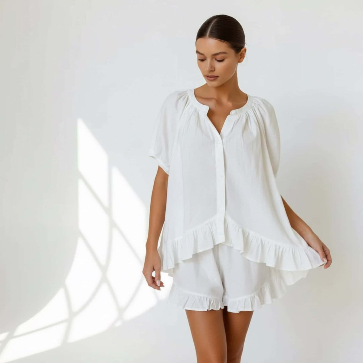 Linen Pajama Set, Short Sleeve Linen Shirt And Ruffle Short Set