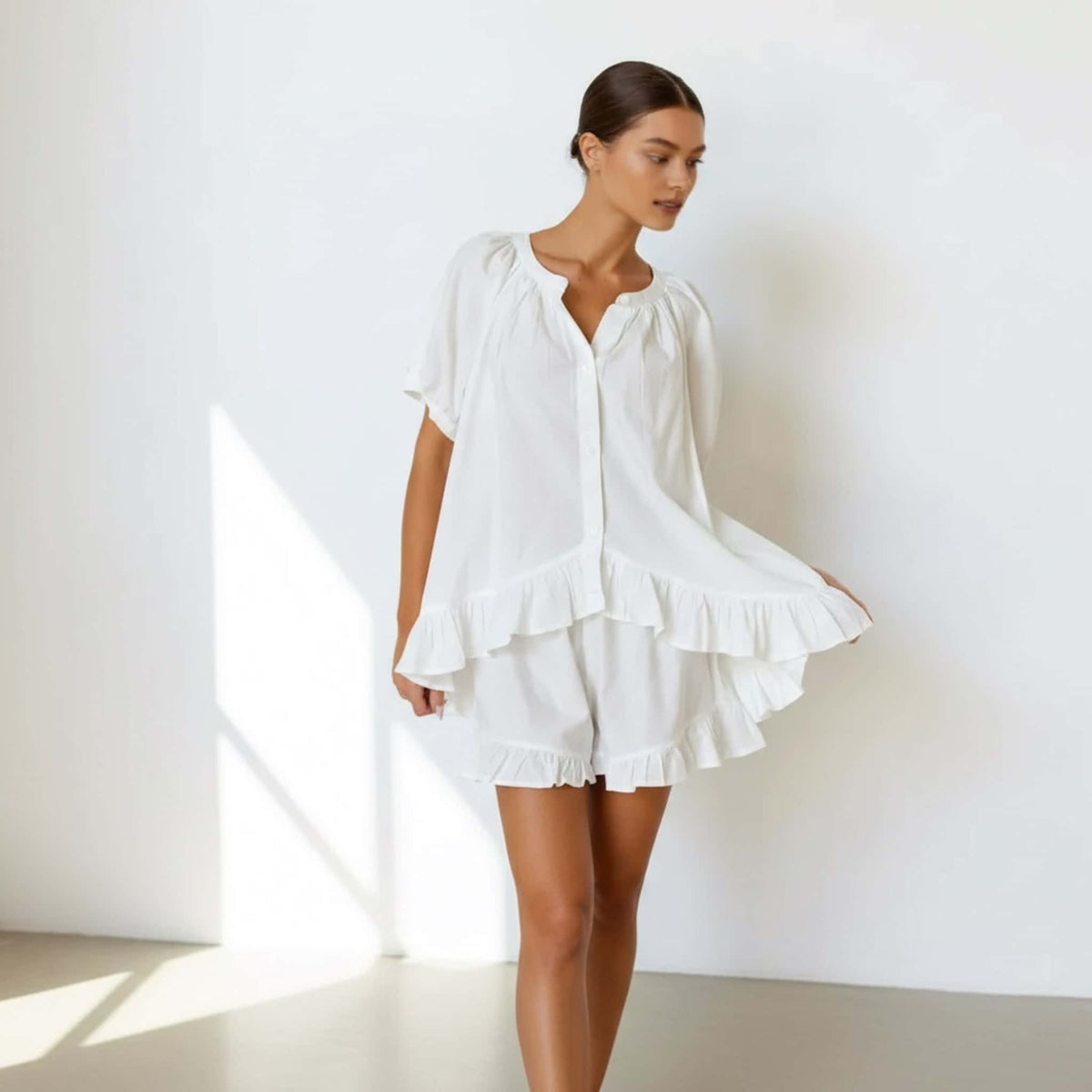 Linen Pajama Set, Short Sleeve Linen Shirt And Ruffle Short Set