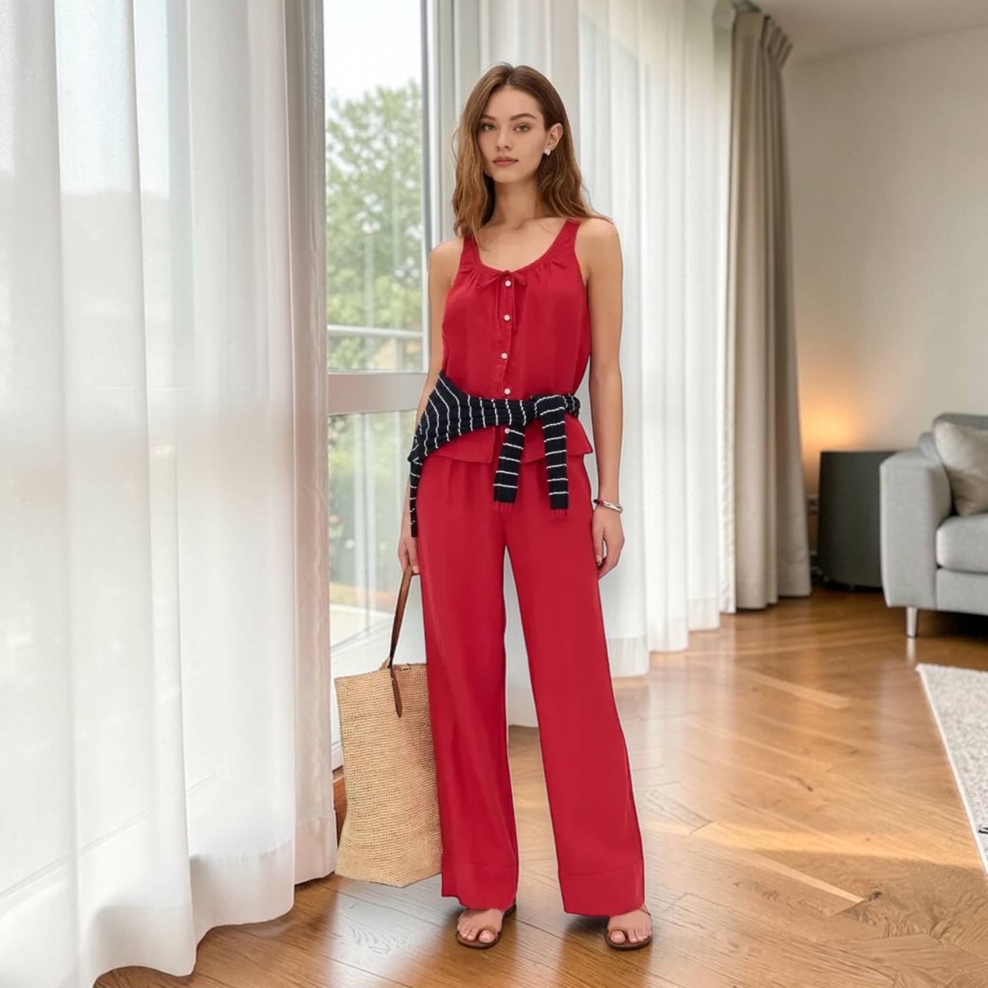 Linen Pajama Set, Sleeveless Linen Top And Wide Leg Pants Set