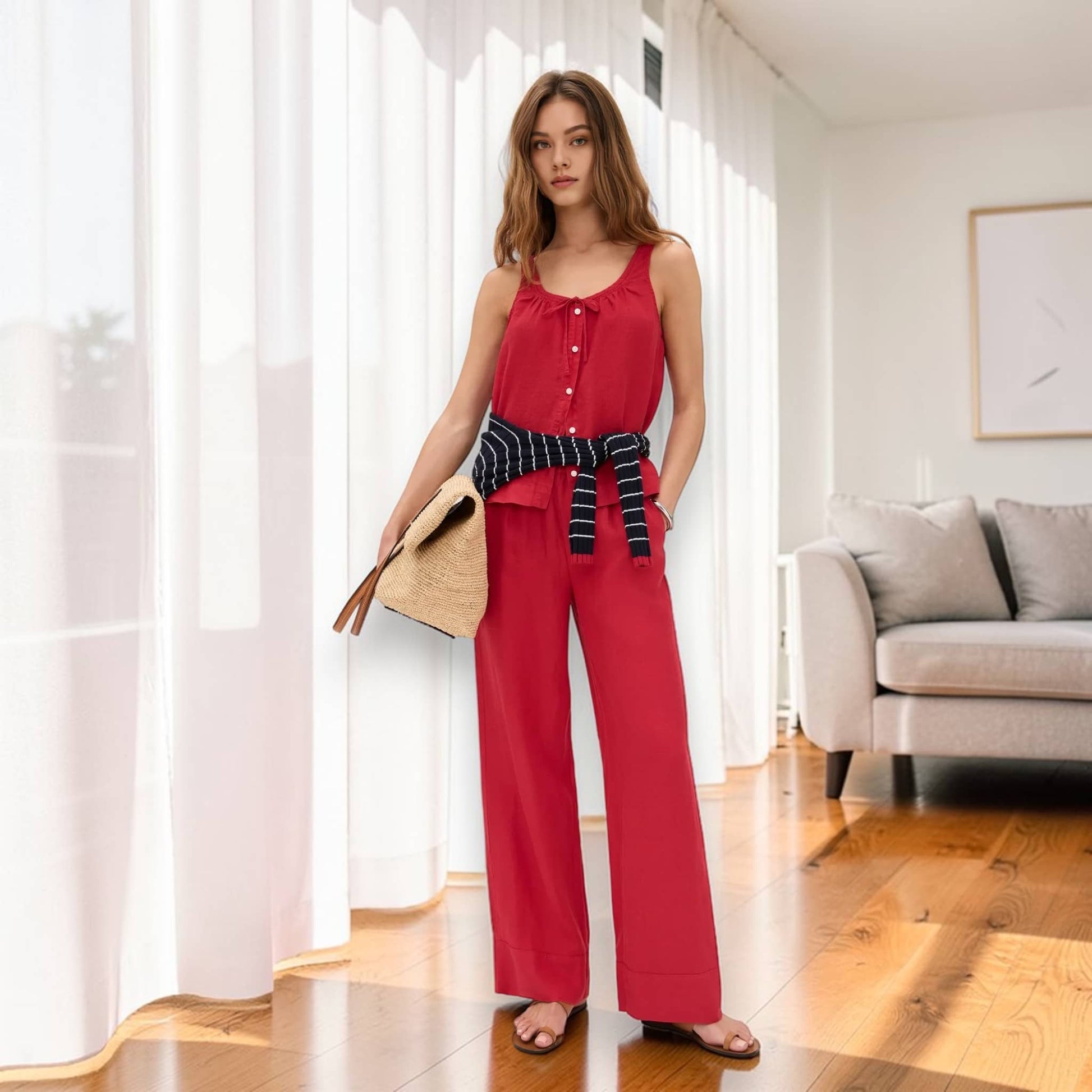 Linen Pajama Set, Sleeveless Linen Top And Wide Leg Pants Set