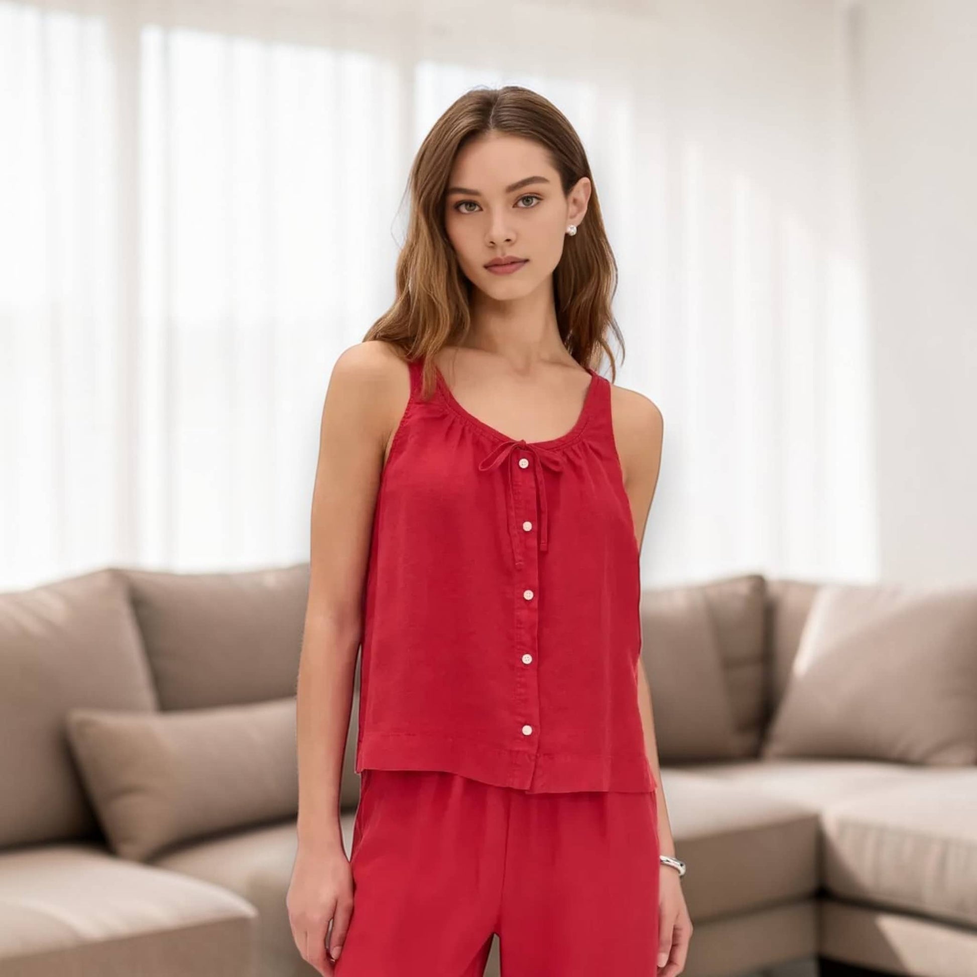 Linen Pajama Set, Sleeveless Linen Top And Wide Leg Pants Set