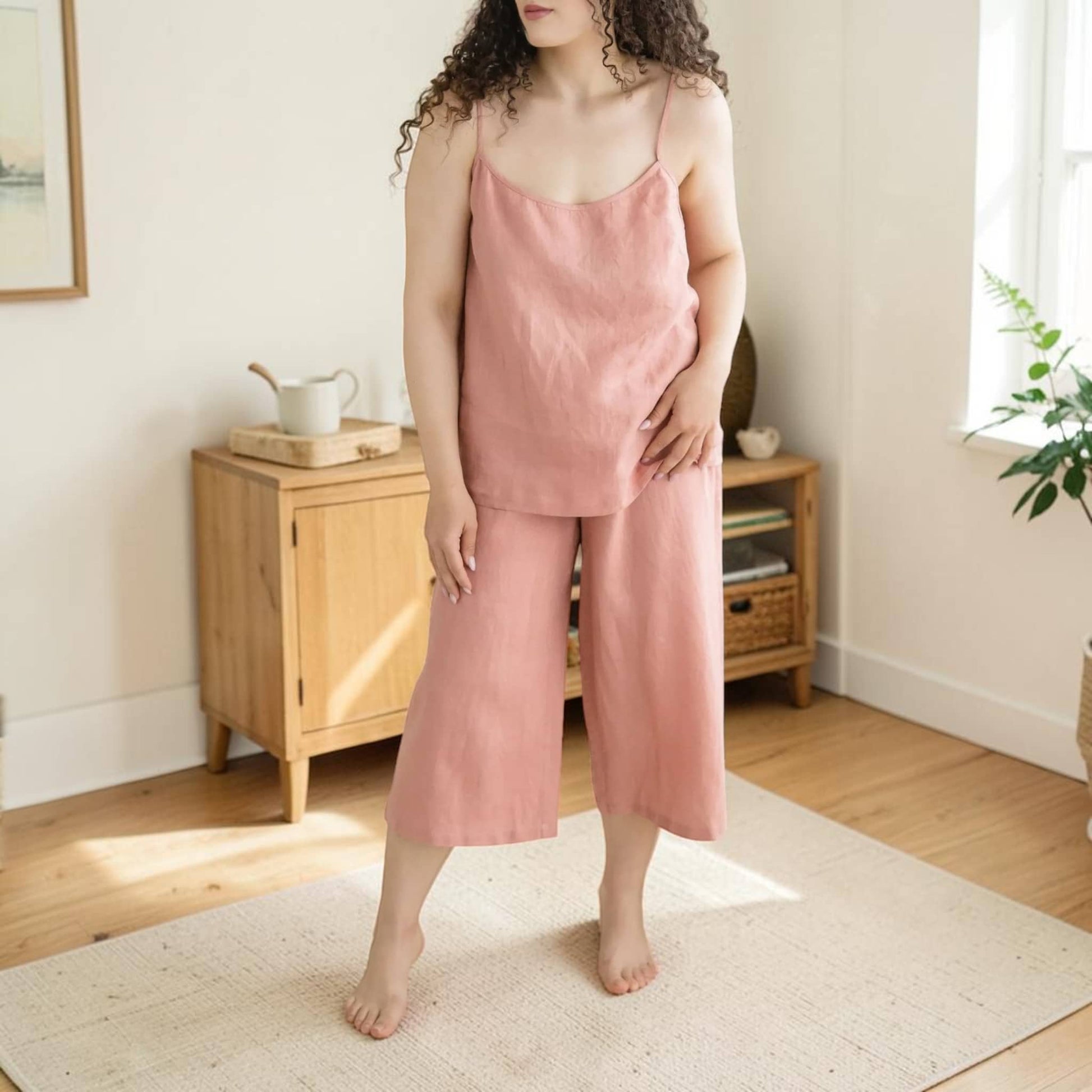 Linen Pajama Set, Spaghetti Strap Top And Cropped Pants