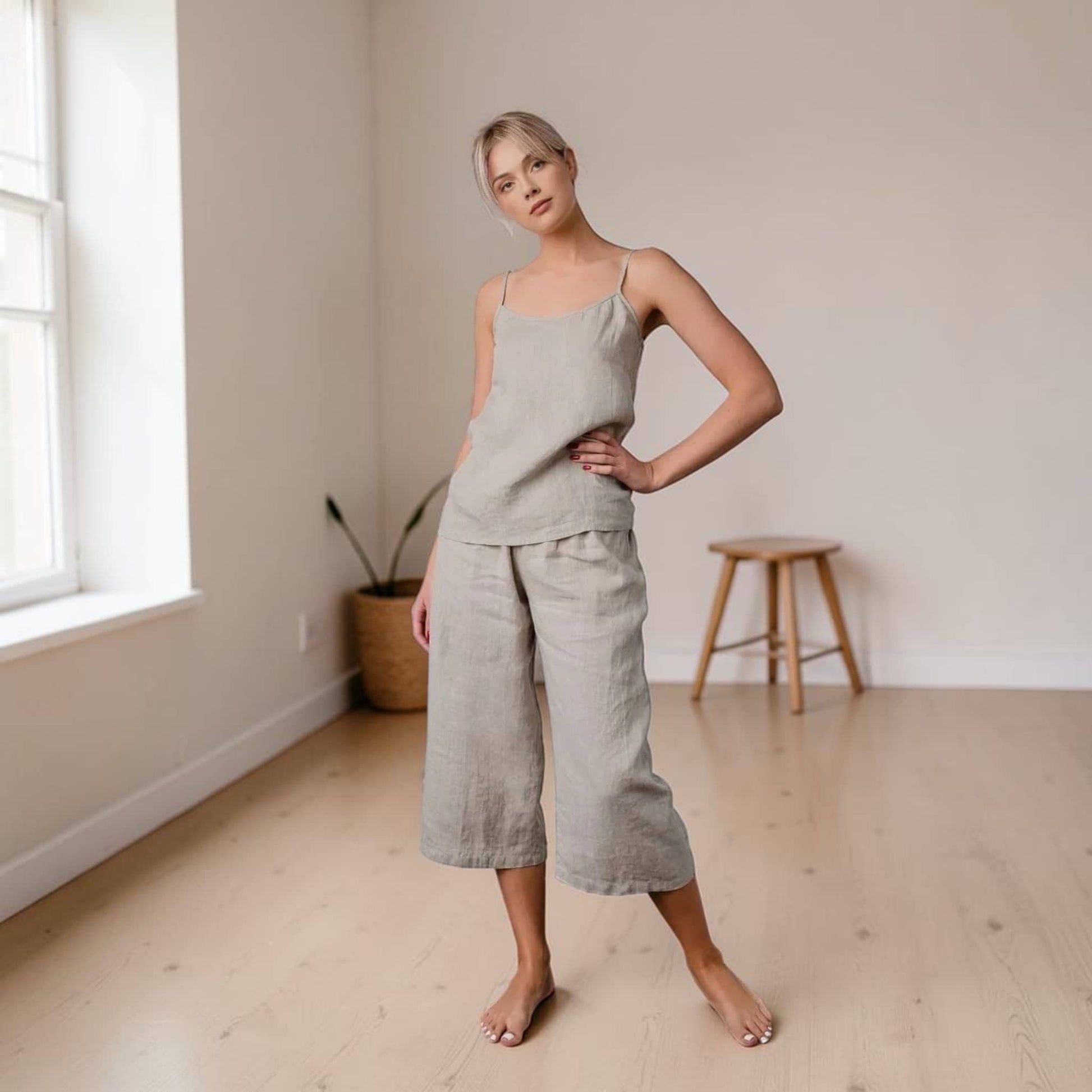 Linen Pajama Set, Spaghetti Strap Top And Cropped Pants