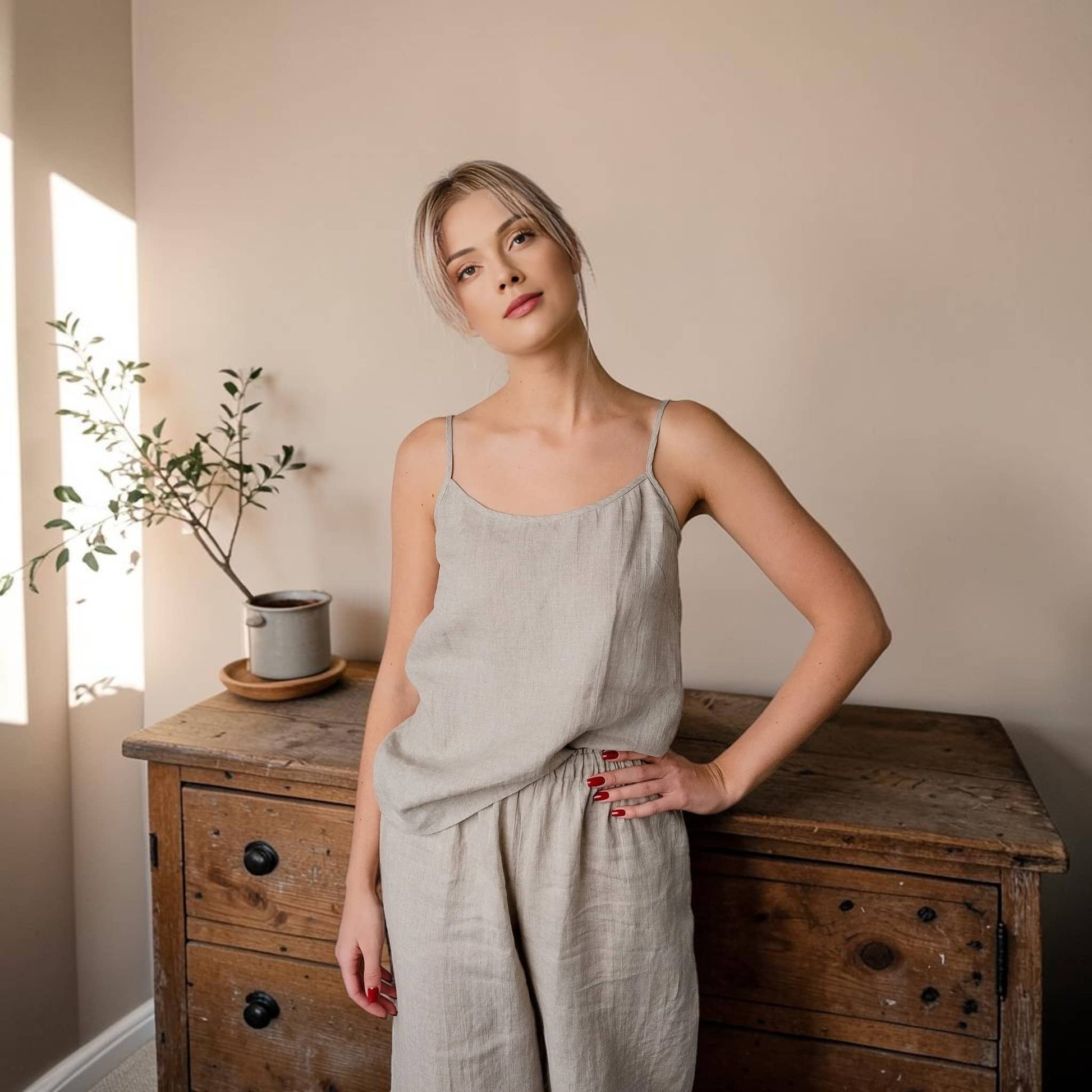 Linen Pajama Set, Spaghetti Strap Top And Cropped Pants