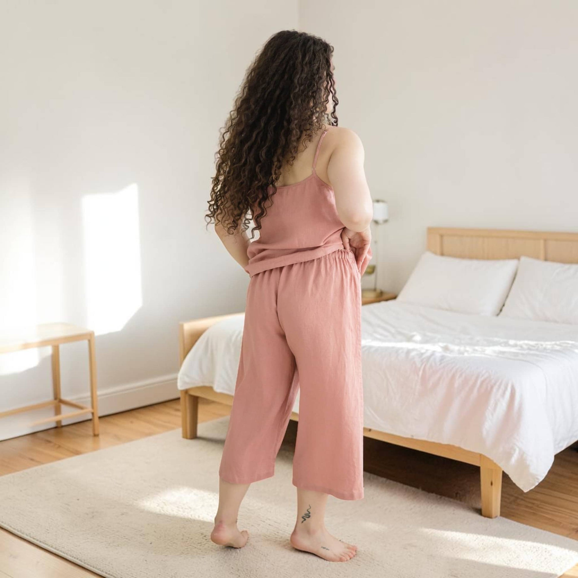 Linen Pajama Set, Spaghetti Strap Top And Cropped Pants