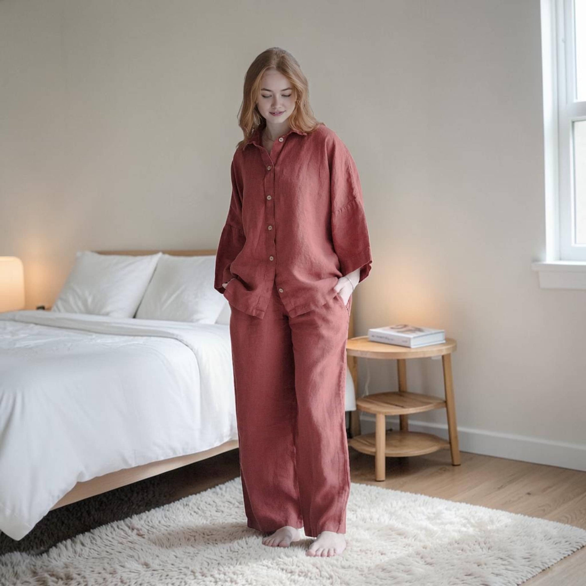 Linen Pajama Set, Three-Quarter Oversized Shirt And Wide Leg Pants