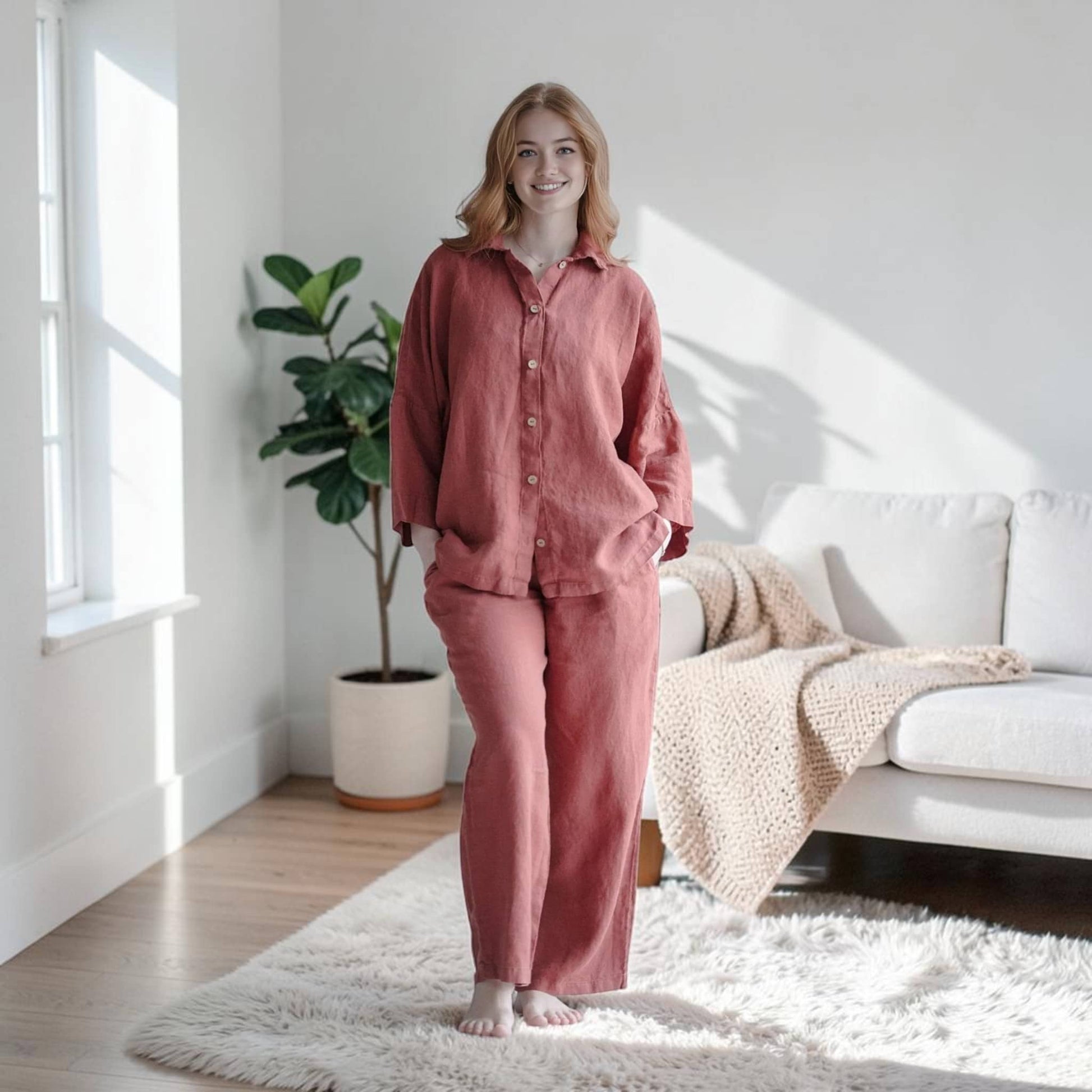 Linen Pajama Set, Three-Quarter Oversized Shirt And Wide Leg Pants