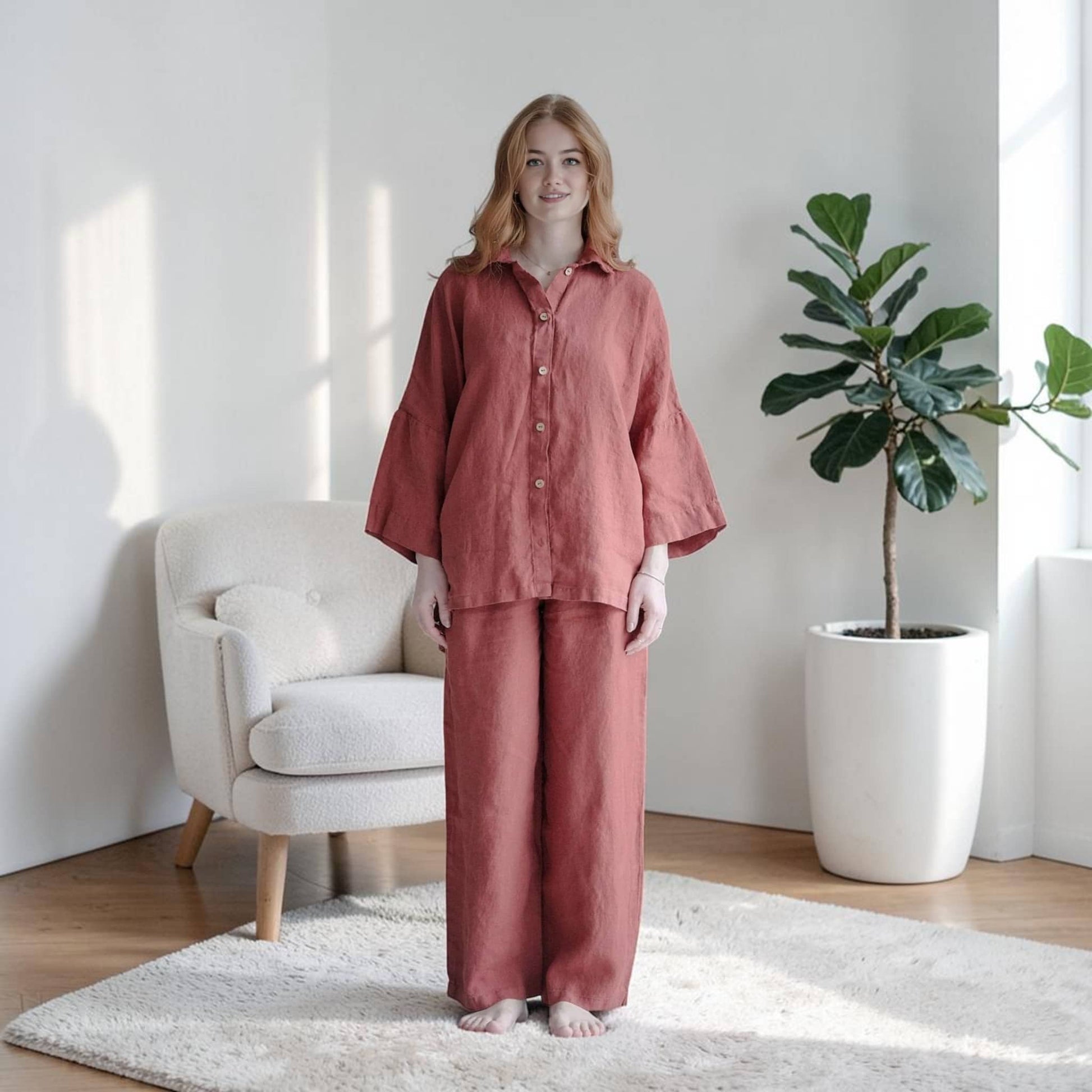 Linen Pajama Set, Three-Quarter Oversized Shirt And Wide Leg Pants