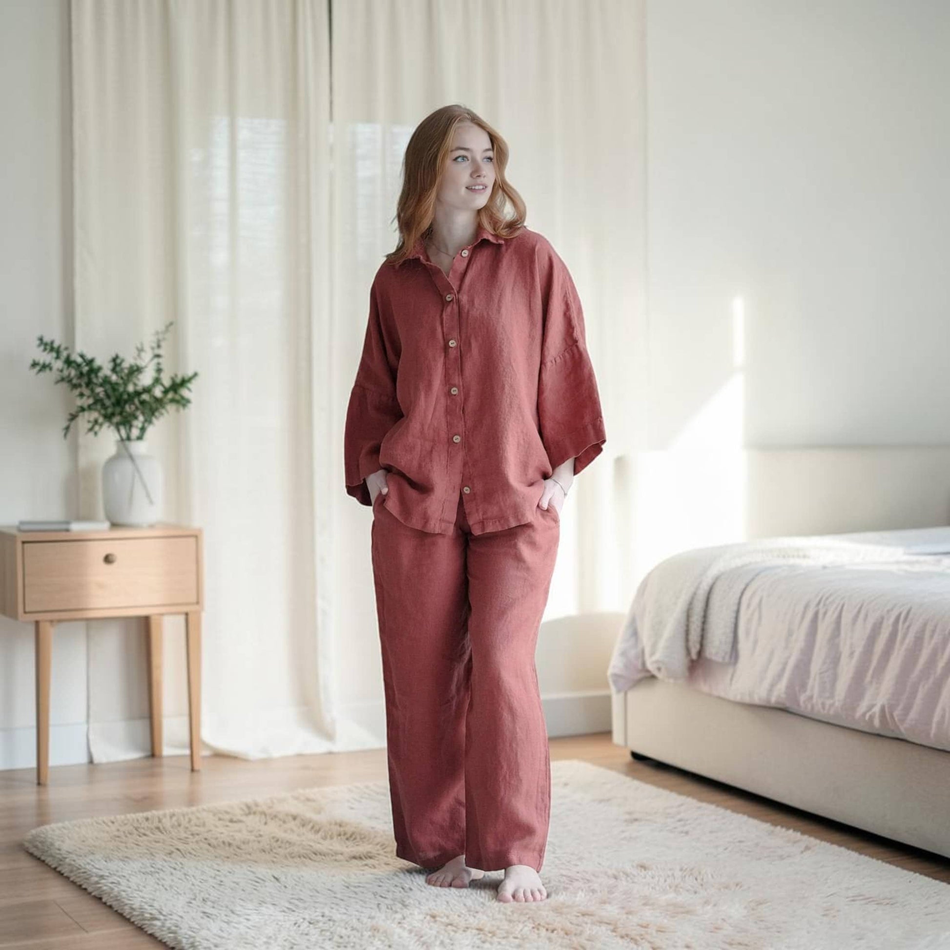 Linen Pajama Set, Three-Quarter Oversized Shirt And Wide Leg Pants