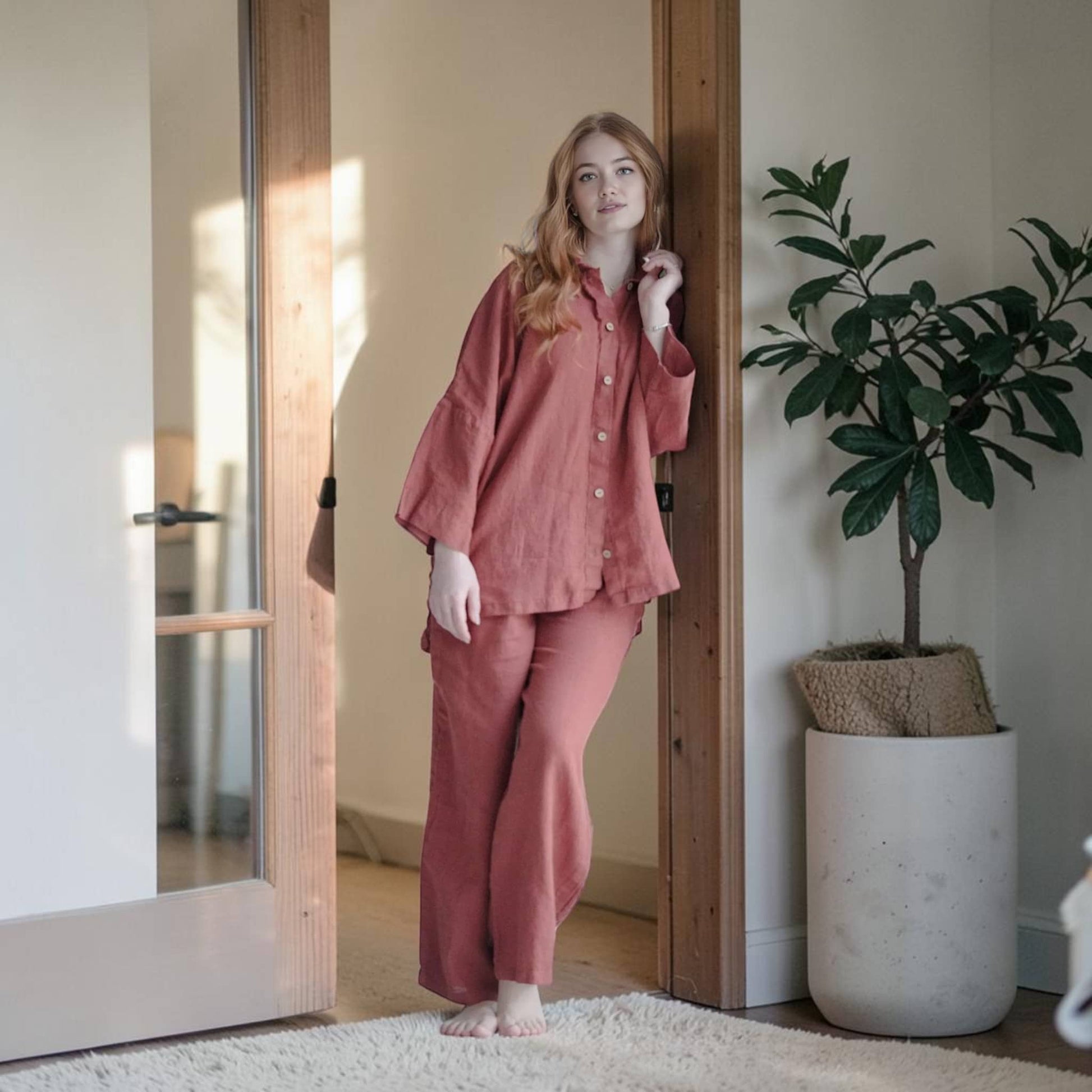 Linen Pajama Set, Three-Quarter Oversized Shirt And Wide Leg Pants
