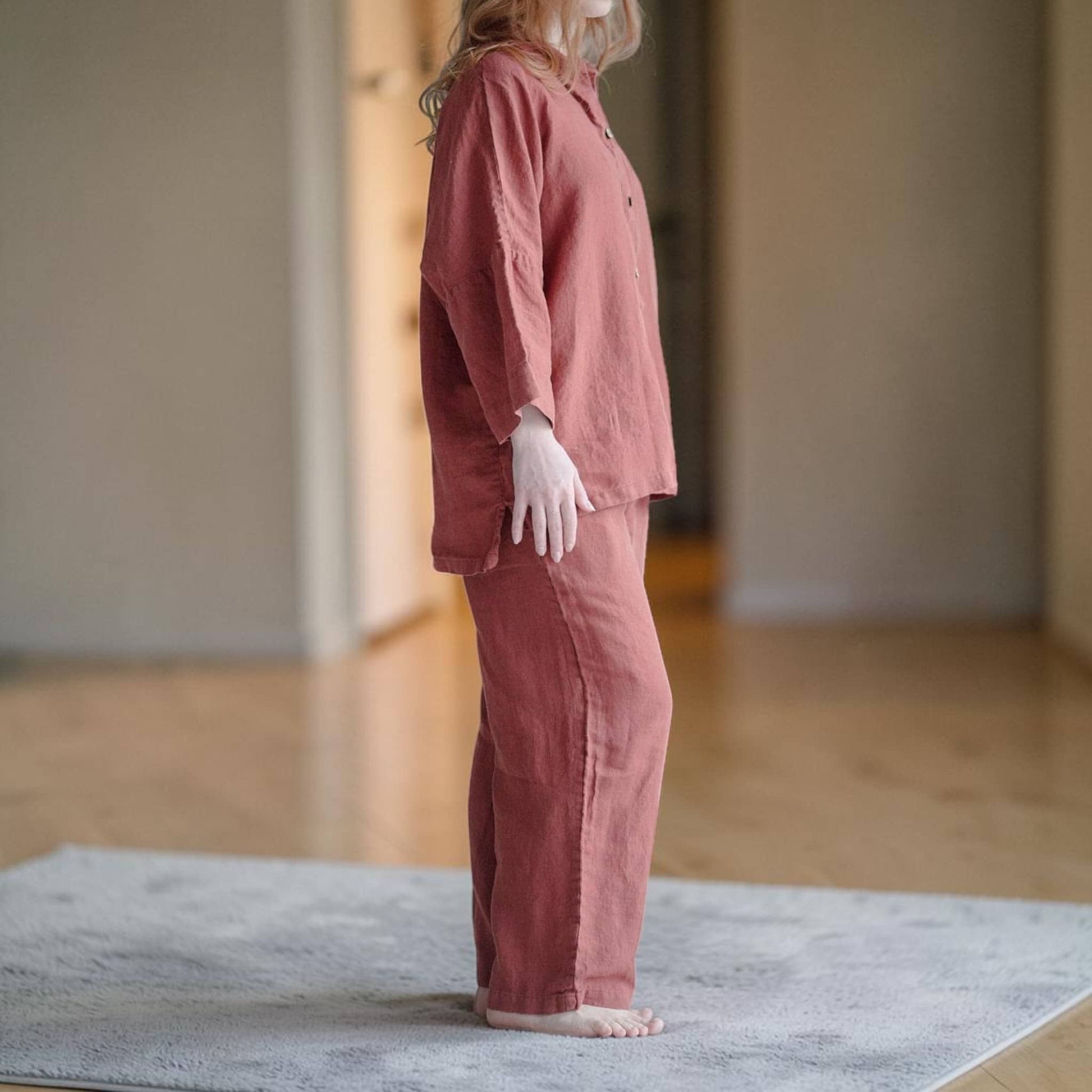 Linen Pajama Set, Three-Quarter Oversized Shirt And Wide Leg Pants