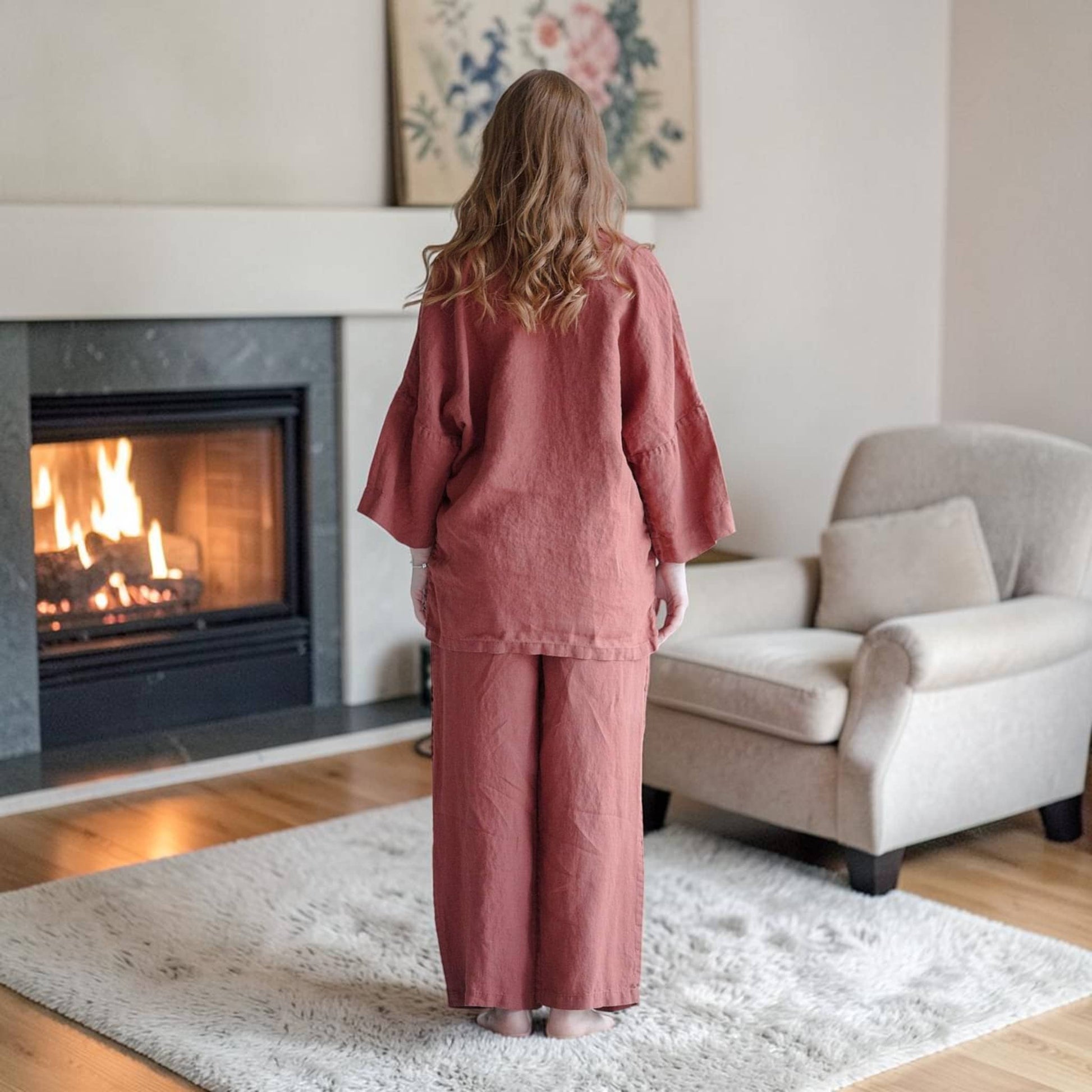 Linen Pajama Set, Three-Quarter Oversized Shirt And Wide Leg Pants