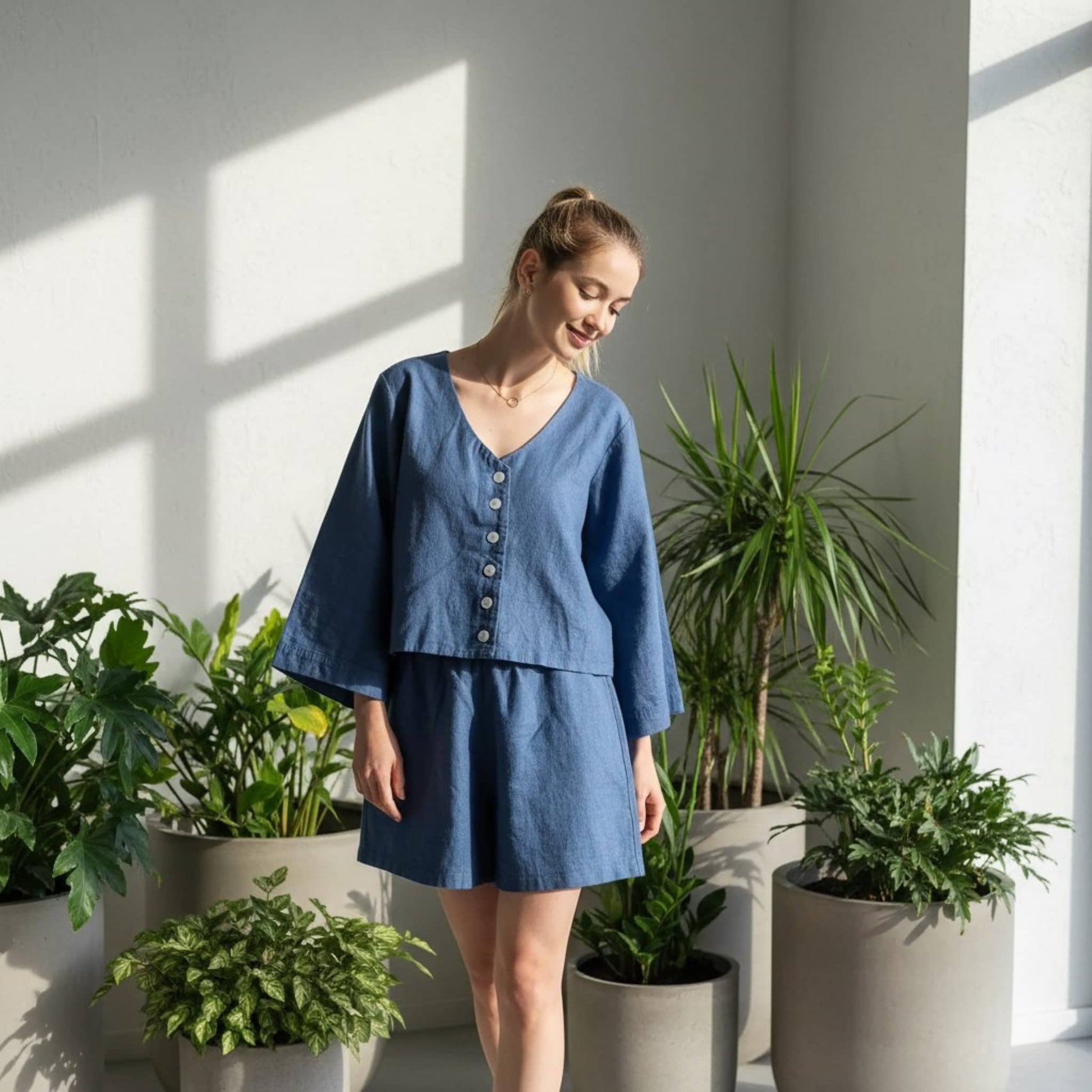 Linen Pajama Set, Wide Sleeve Linen Shirt And Shorts Set