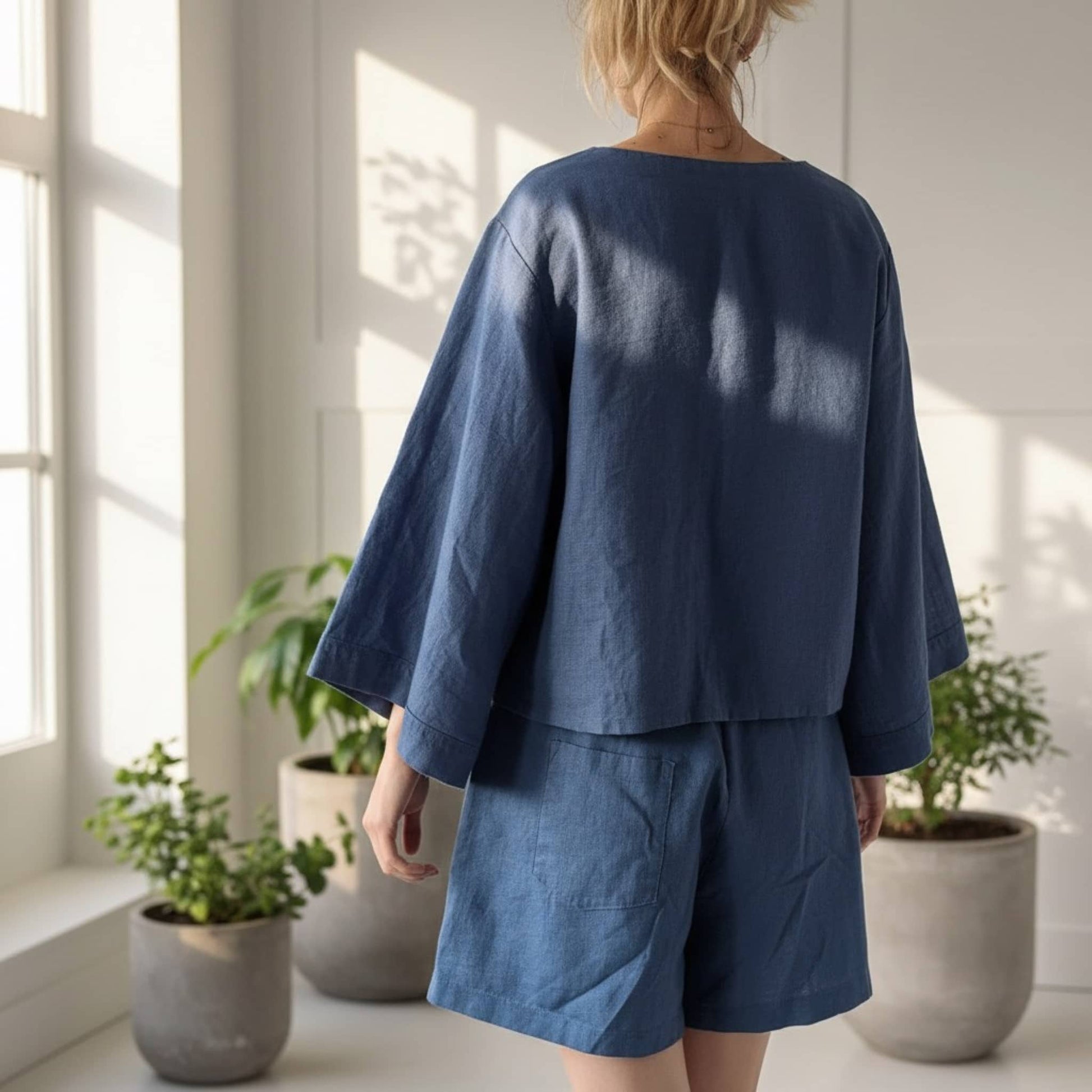 Linen Pajama Set, Wide Sleeve Linen Shirt And Shorts Set