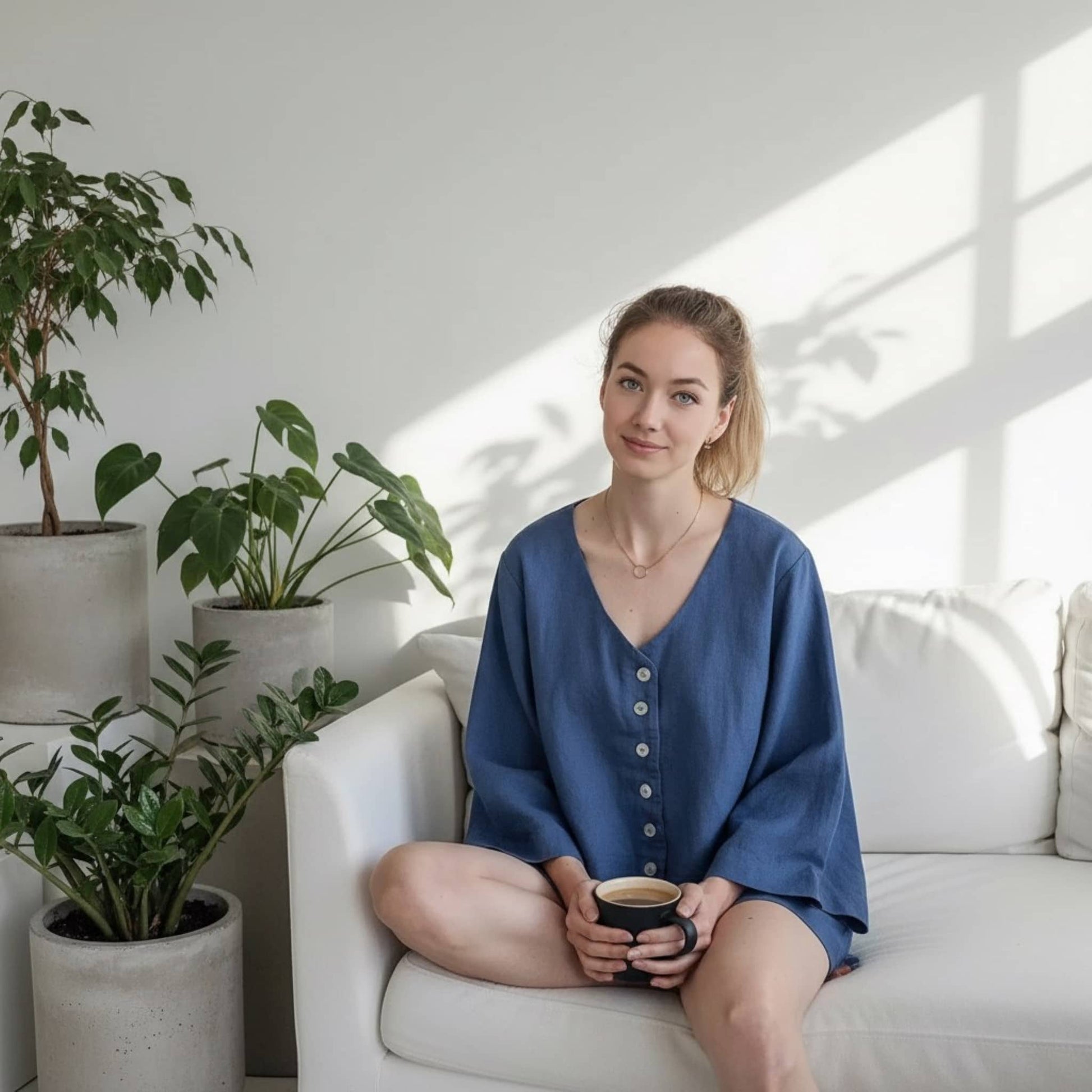 Linen Pajama Set, Wide Sleeve Linen Shirt And Shorts Set