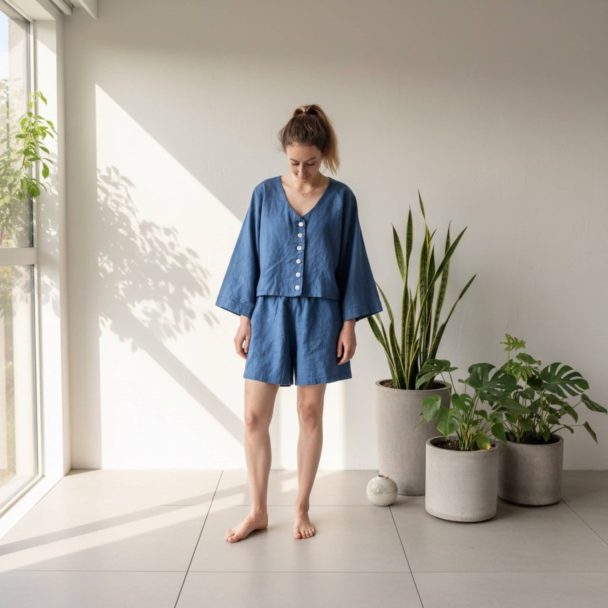 Linen Pajama Set, Wide Sleeve Linen Shirt And Shorts Set