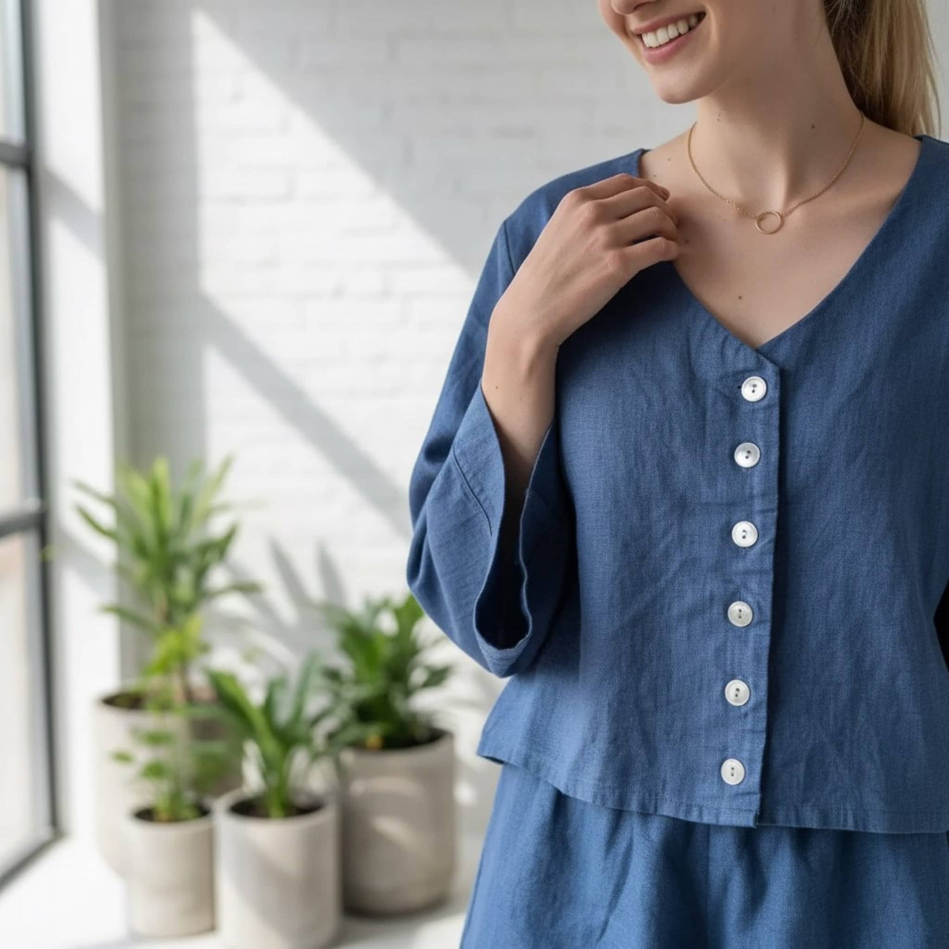 Linen Pajama Set, Wide Sleeve Linen Shirt And Shorts Set