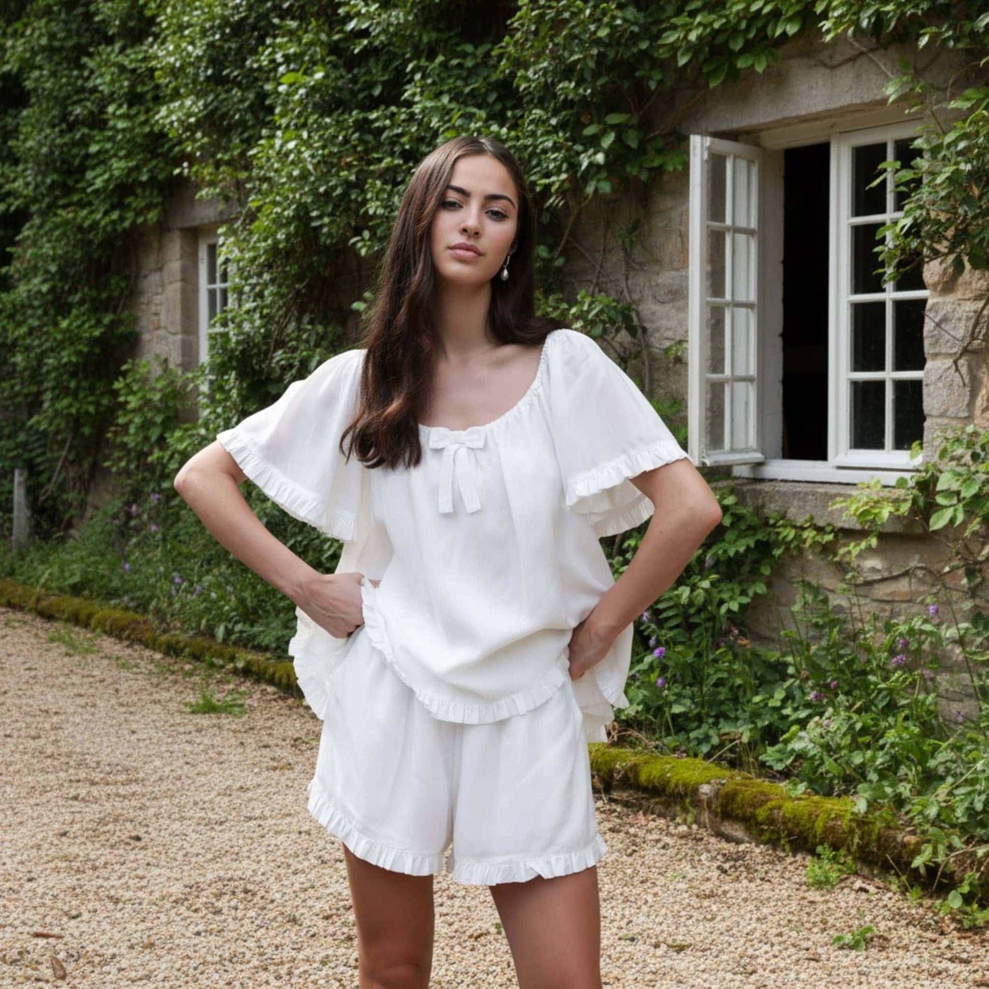 Linen Pajama Shorts, Scoop Neck Ruffle Top And Shorts Set