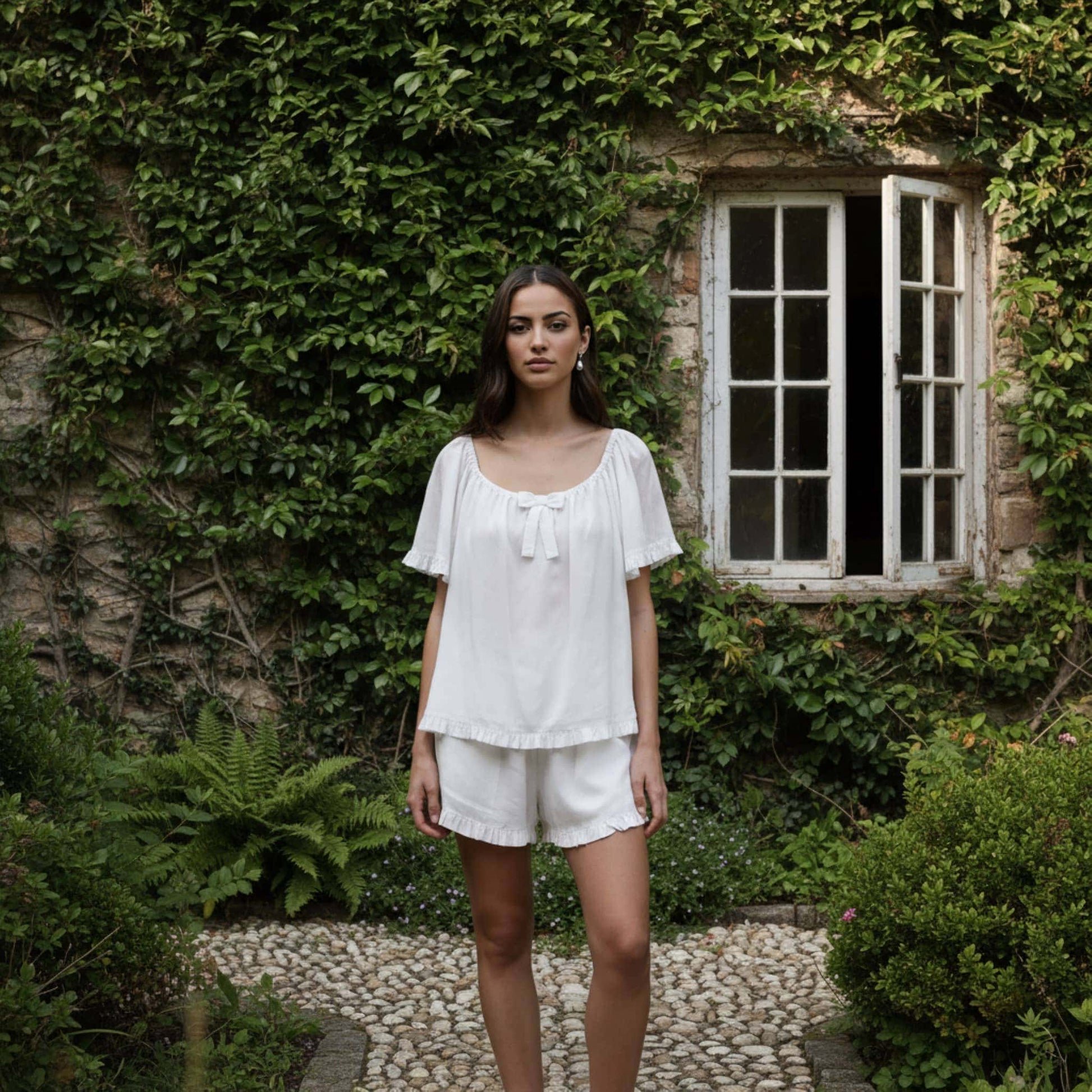 Linen Pajama Shorts, Scoop Neck Ruffle Top And Shorts Set