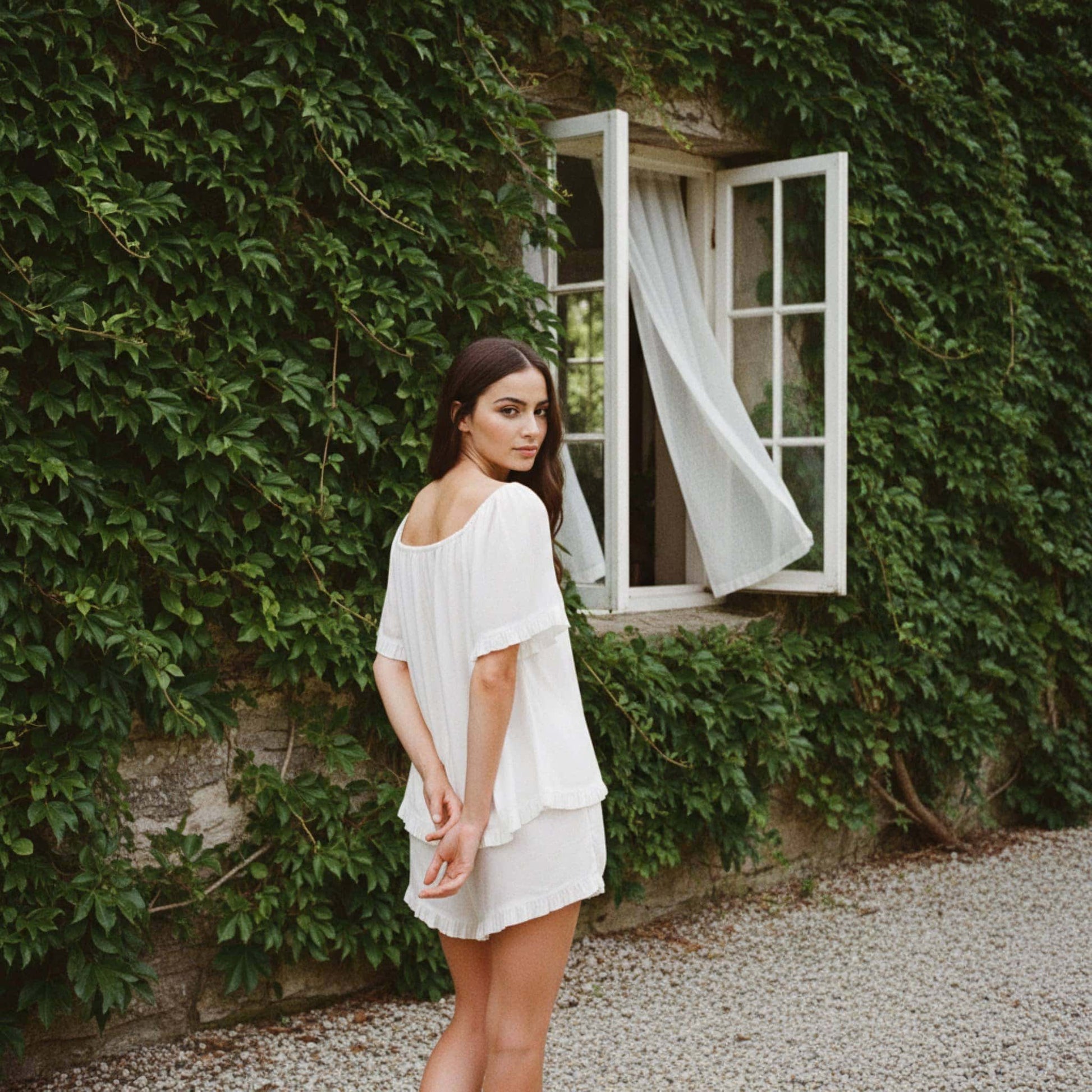 Linen Pajama Shorts, Scoop Neck Ruffle Top And Shorts Set