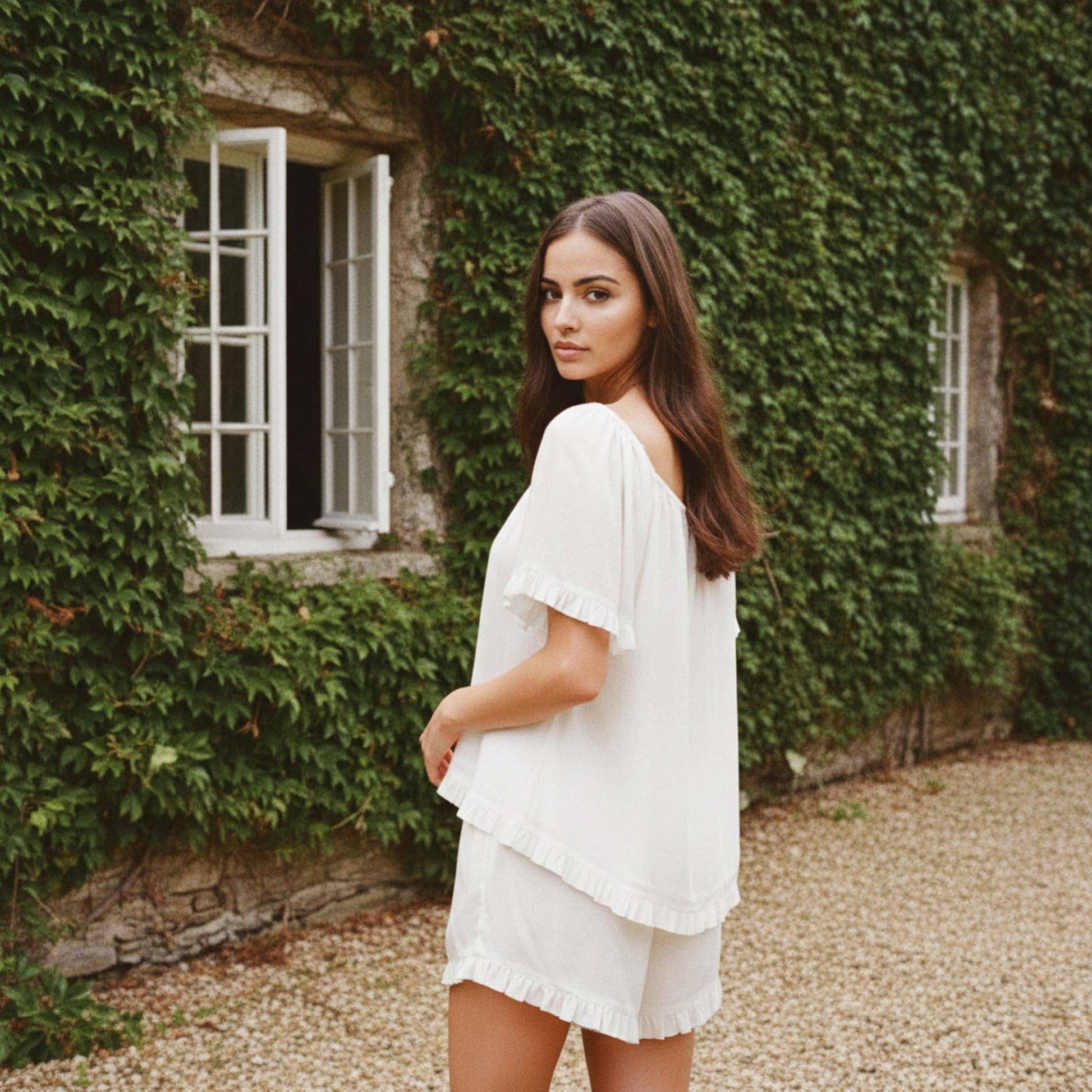 Linen Pajama Shorts, Scoop Neck Ruffle Top And Shorts Set