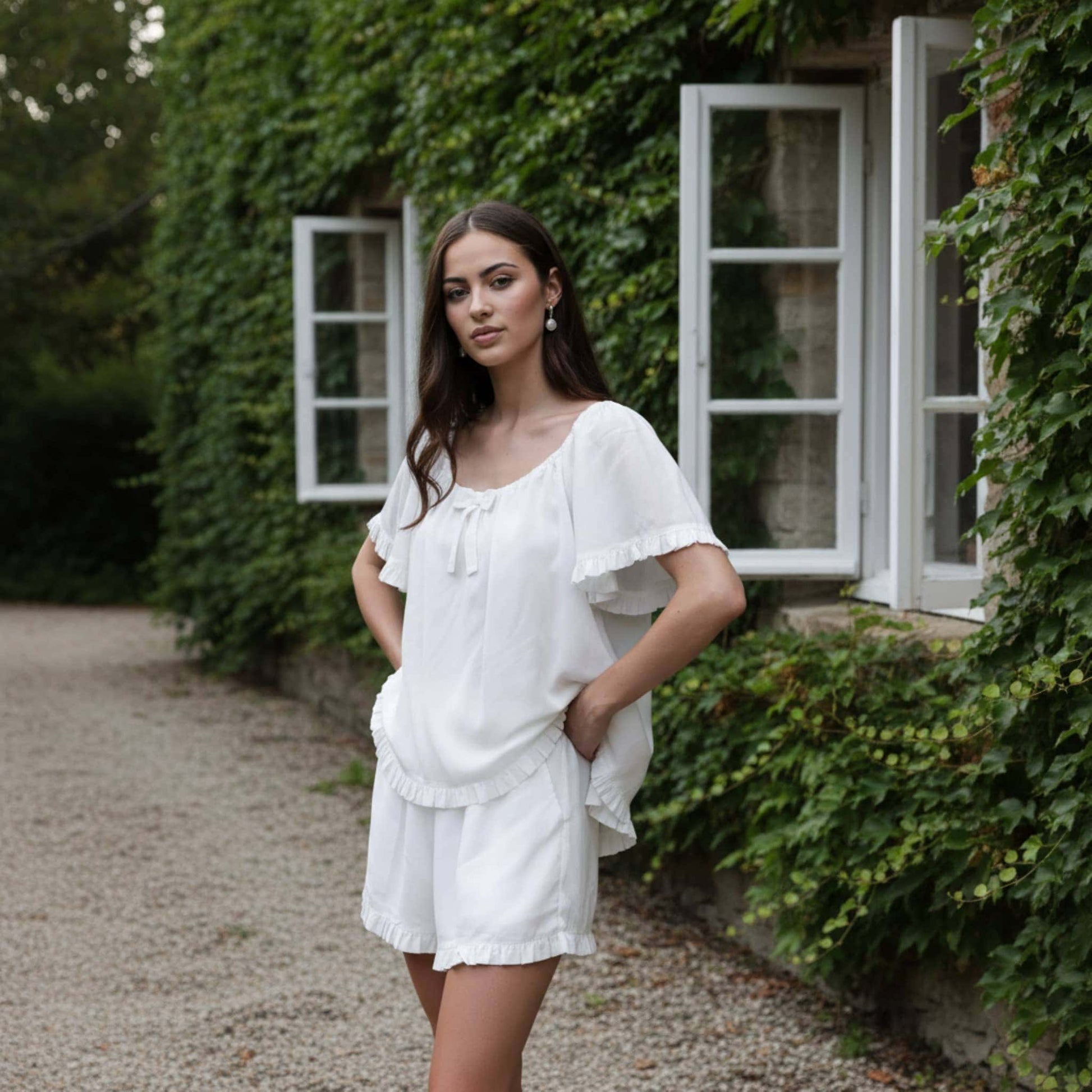 Linen Pajama Shorts, Scoop Neck Ruffle Top And Shorts Set