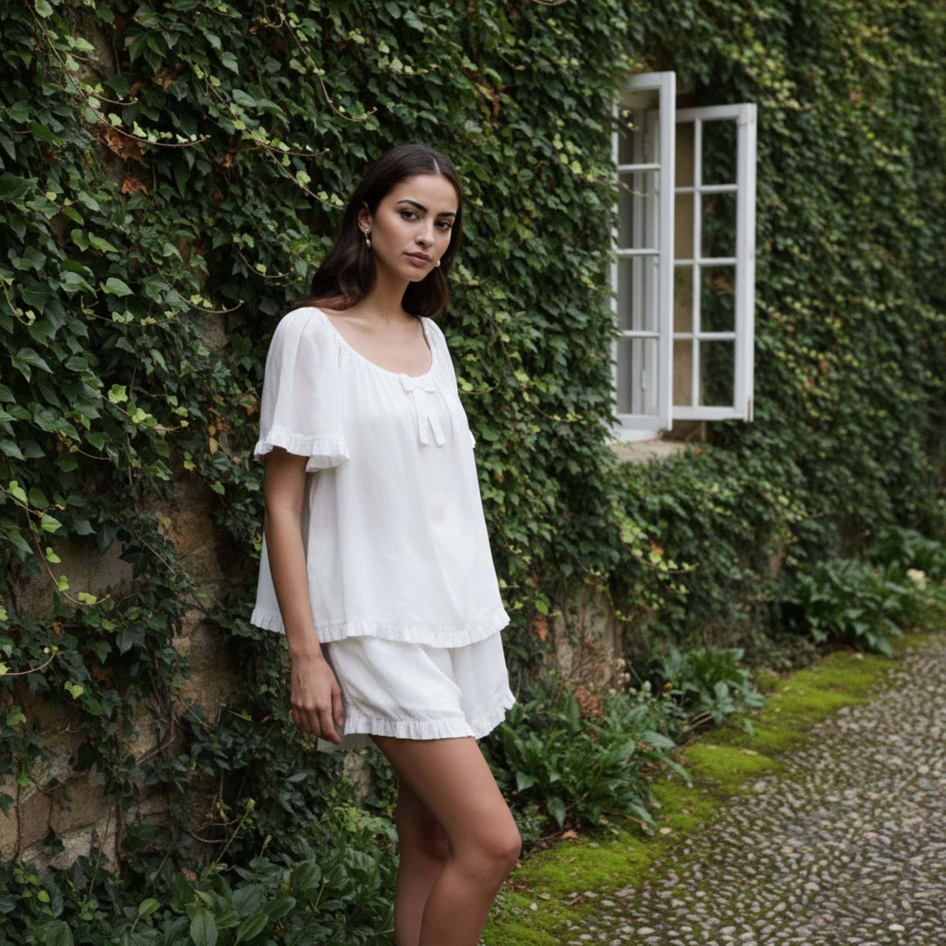 Linen Pajama Shorts, Scoop Neck Ruffle Top And Shorts Set