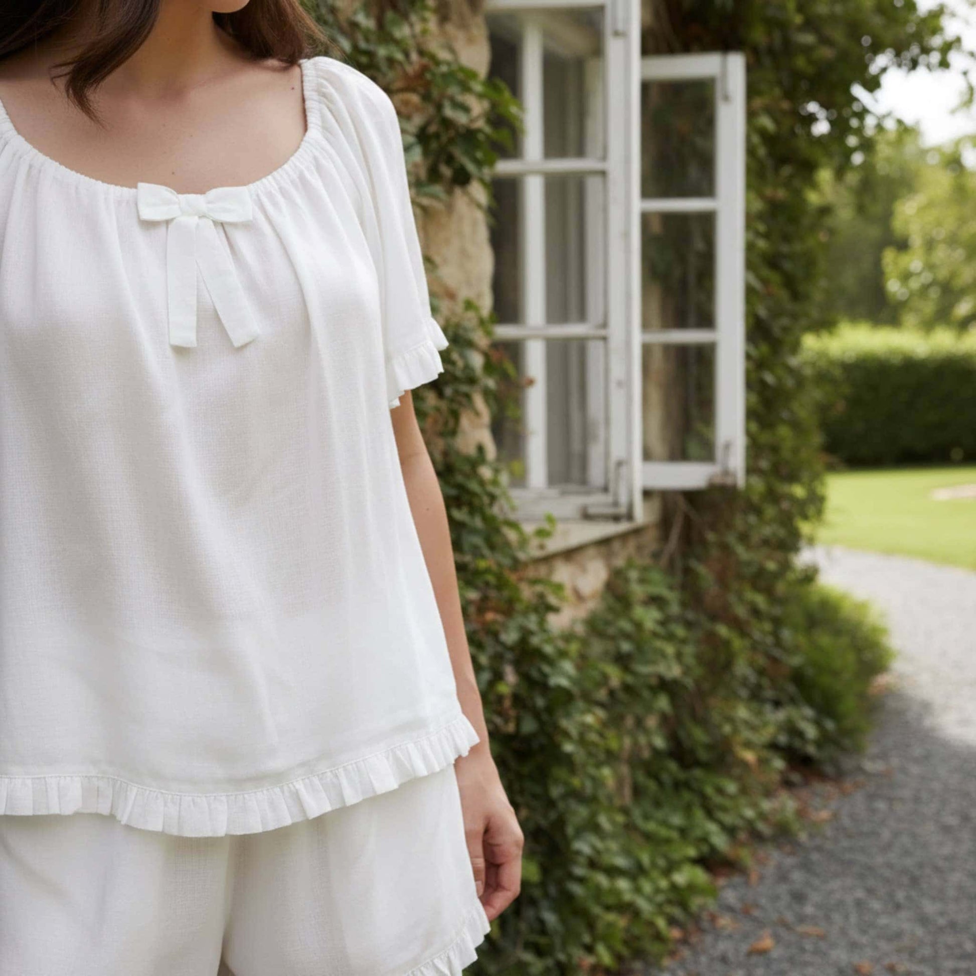 Linen Pajama Shorts, Scoop Neck Ruffle Top And Shorts Set