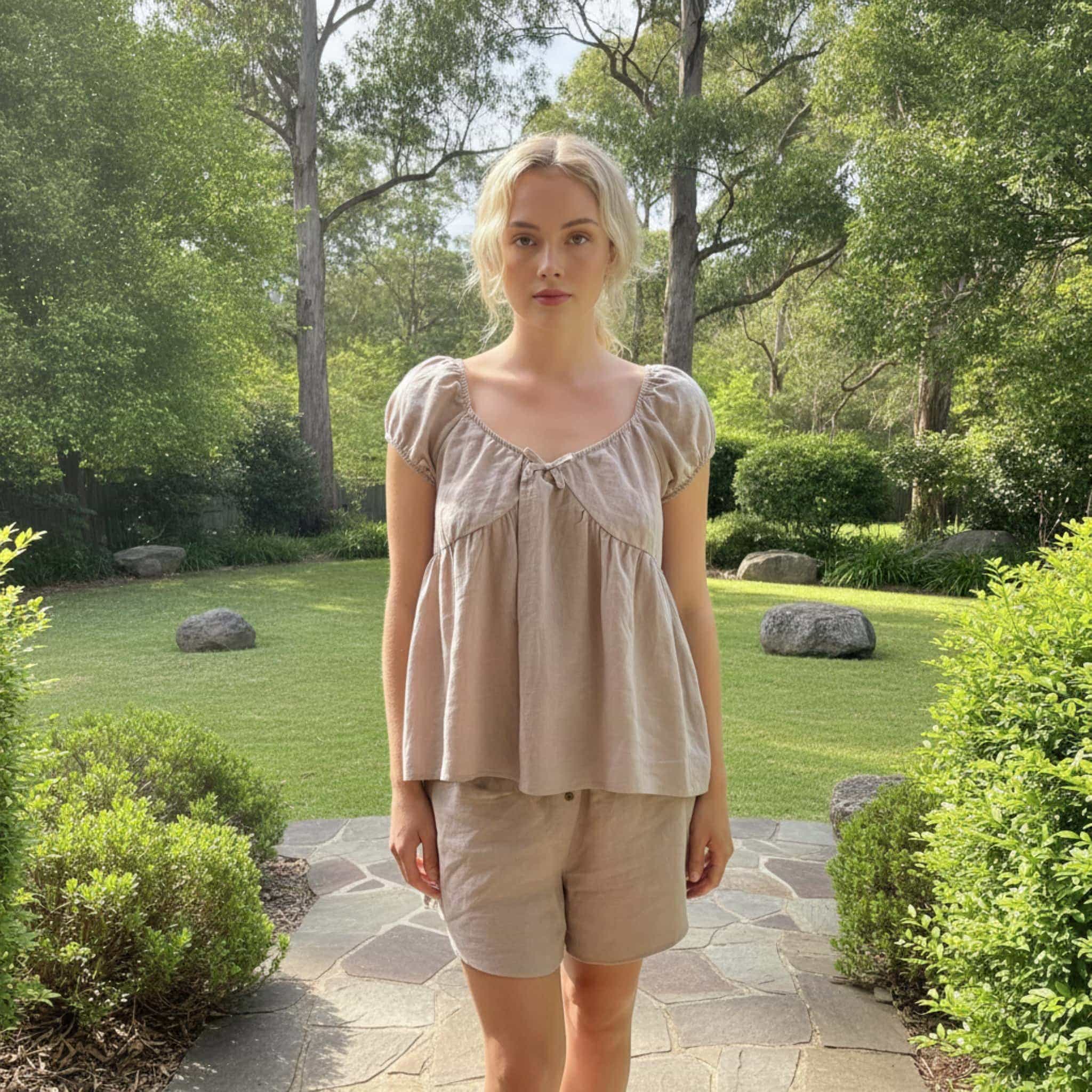 Linen Pajama Women, Puff Sleeve Babydoll Blouse And Shorts
