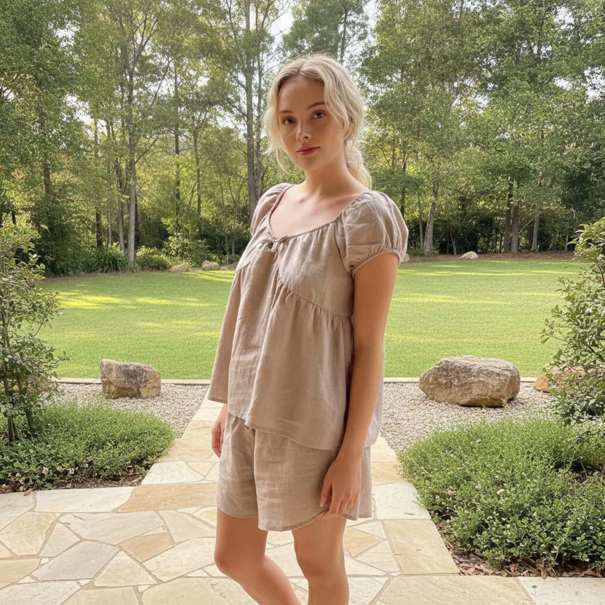Linen Pajama Women, Puff Sleeve Babydoll Blouse And Shorts
