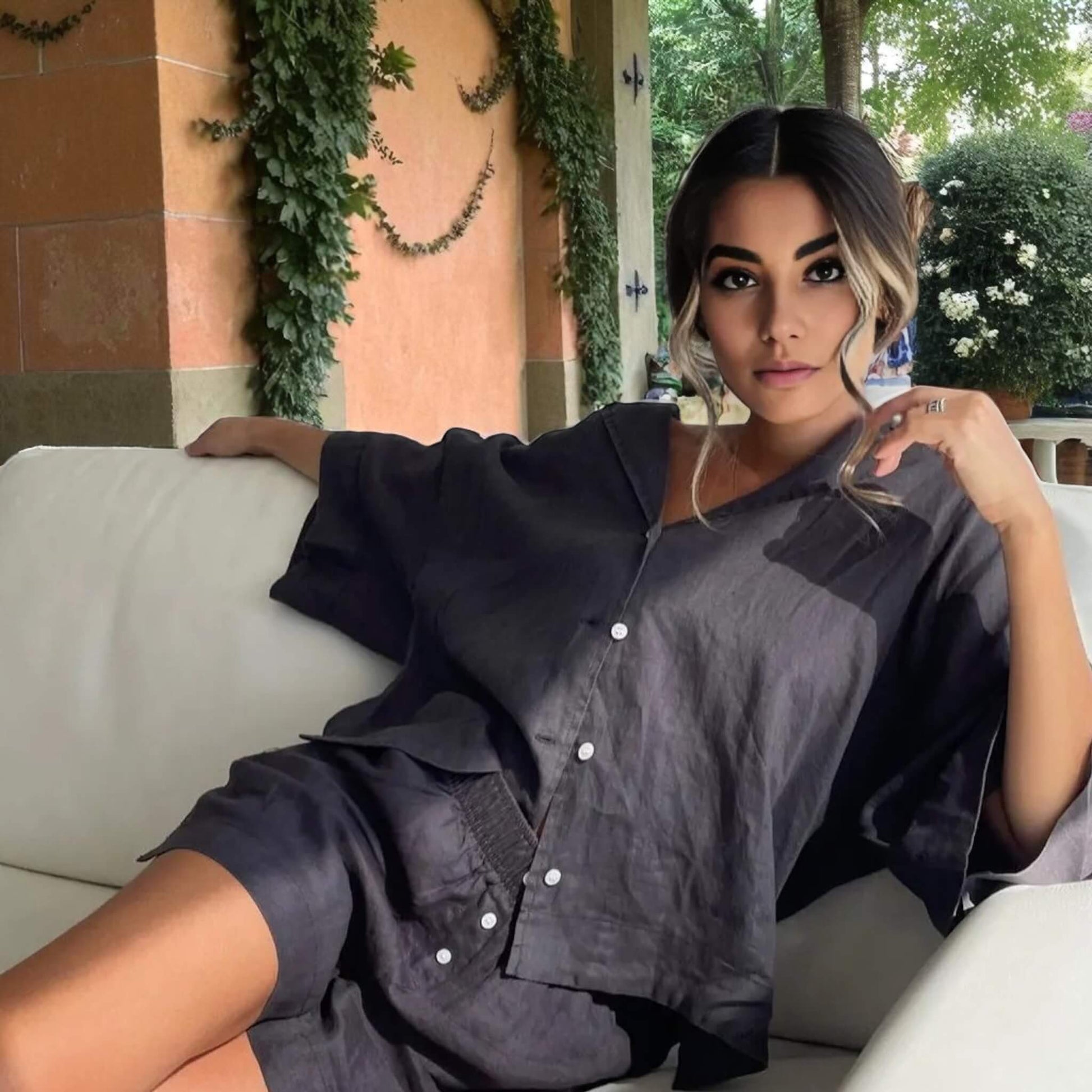 Linen Pajamas Women, Boxy Linen Shirt And Shorts Set