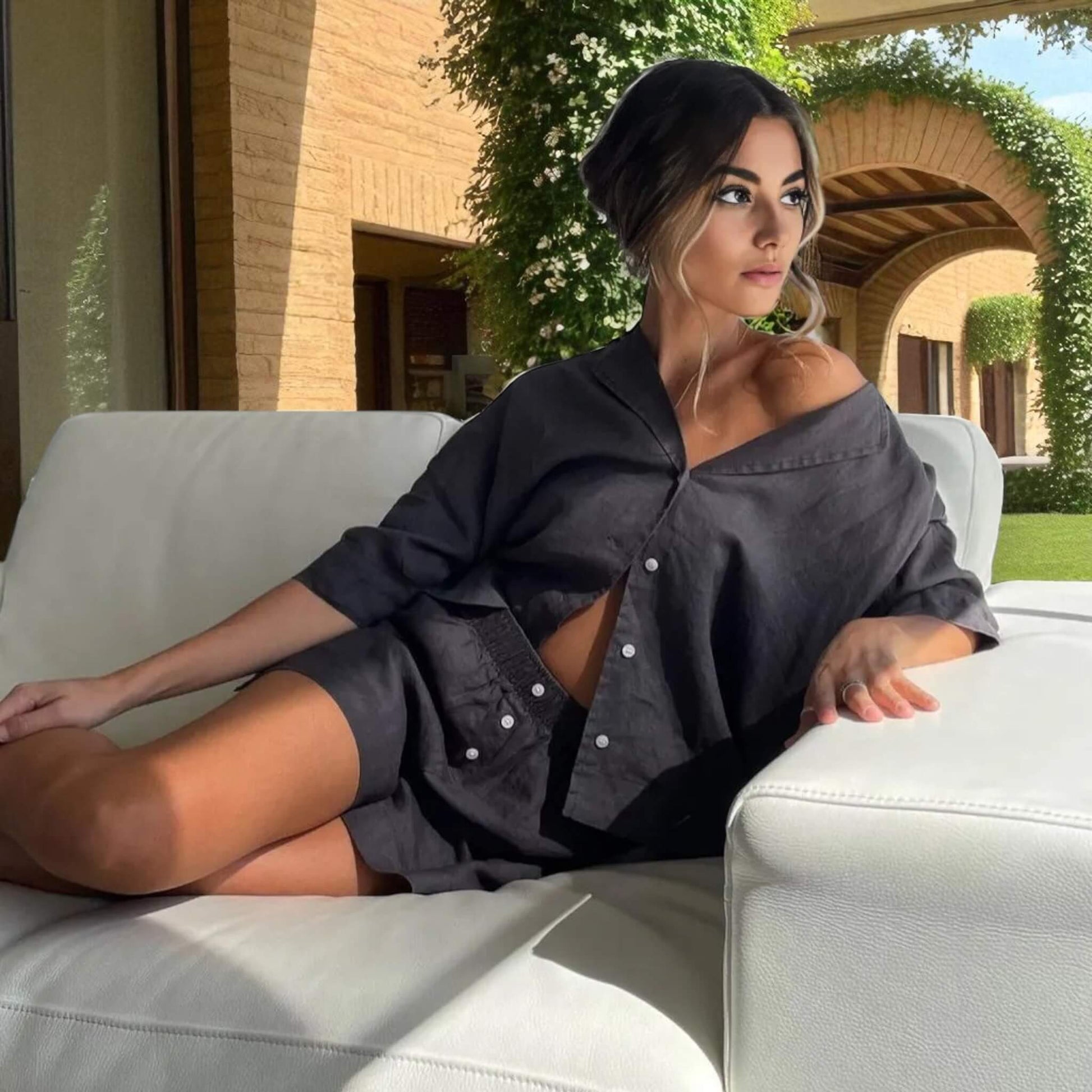 Linen Pajamas Women, Boxy Linen Shirt And Shorts Set