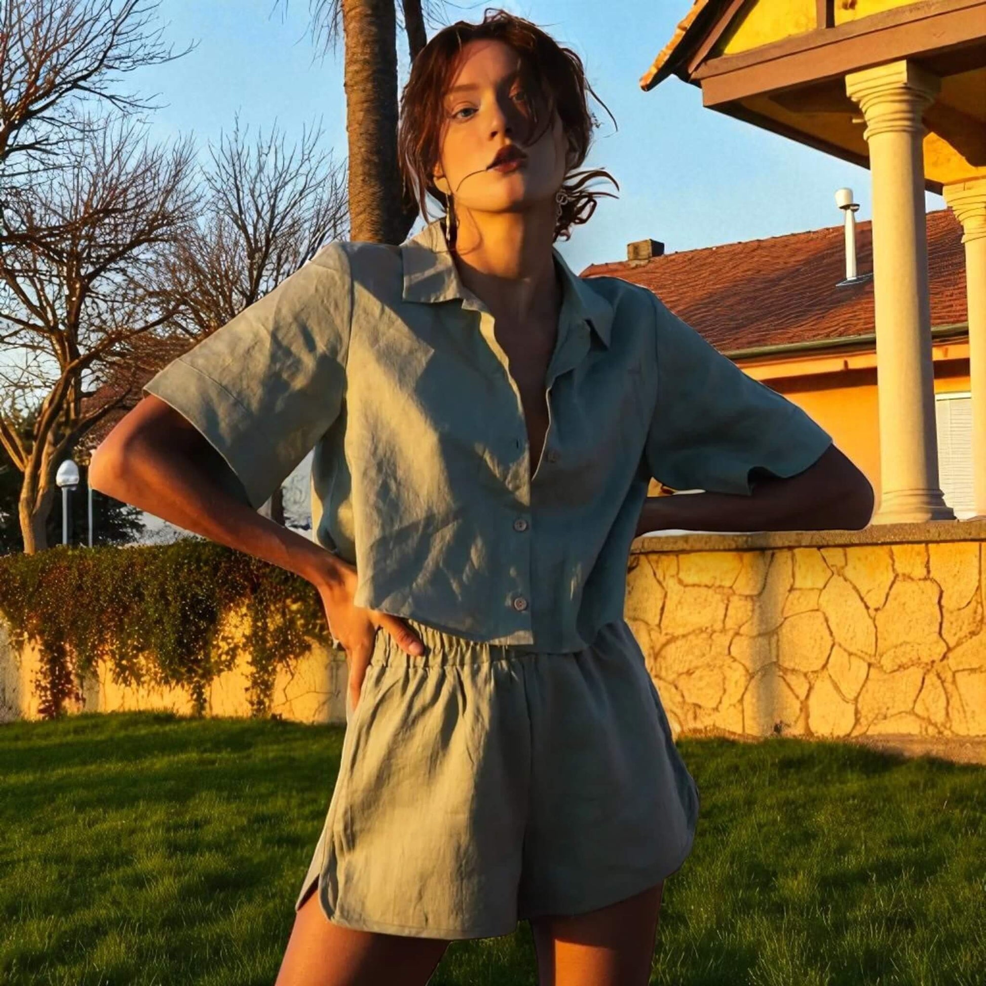 Linen Pajamas Women, Cropped Linen Shirt And Loungewear Linen Shorts Set