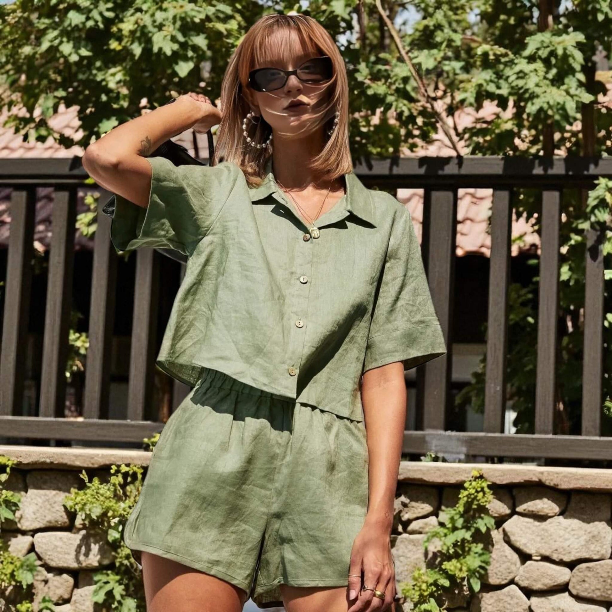 Linen Pajamas Women, Cropped Linen Shirt And Loungewear Linen Shorts Set