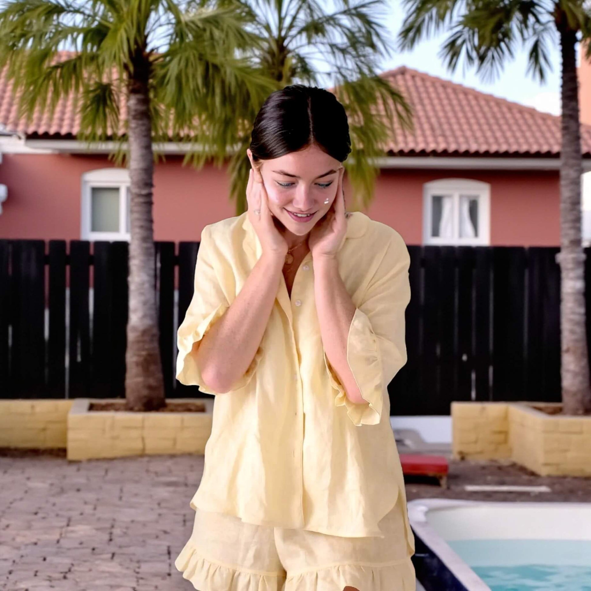 Linen Pajamas Women, Linen Blouse And Ruffled Hem Shorts Set