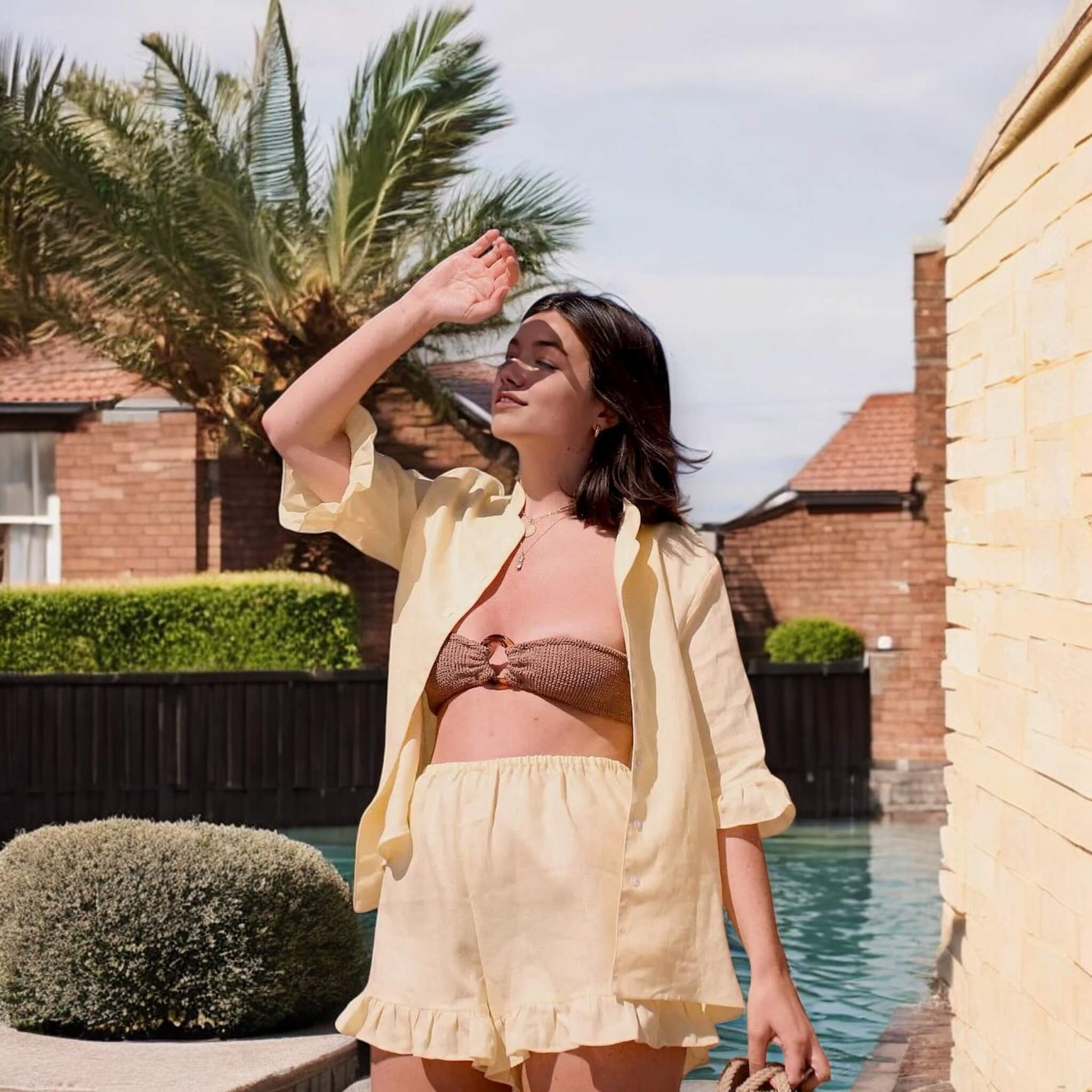 Linen Pajamas Women, Linen Blouse And Ruffled Hem Shorts Set