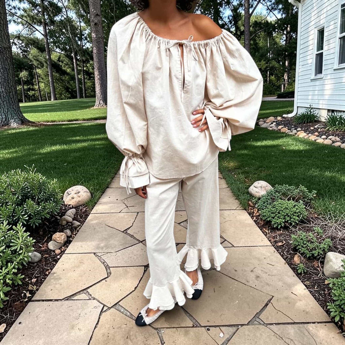 Linen Pajamas Women, Linen Off Shoulder Top And Ruffle Wide Leg Pants Set