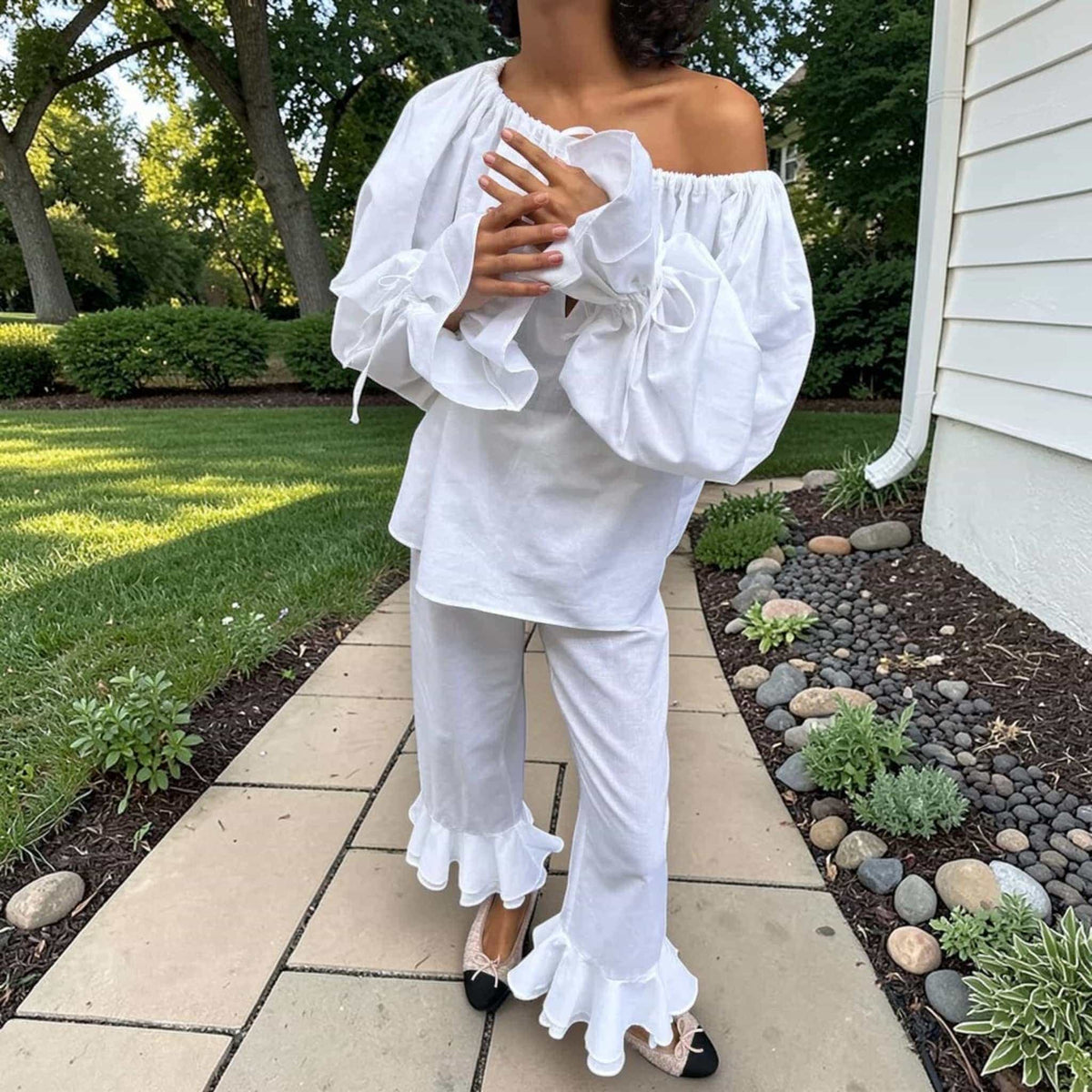 Linen Pajamas Women, Linen Off Shoulder Top And Ruffle Wide Leg Pants Set
