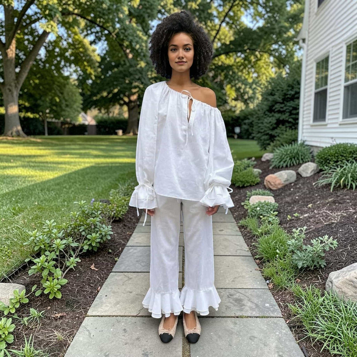 Linen Pajamas Women, Linen Off Shoulder Top And Ruffle Wide Leg Pants Set